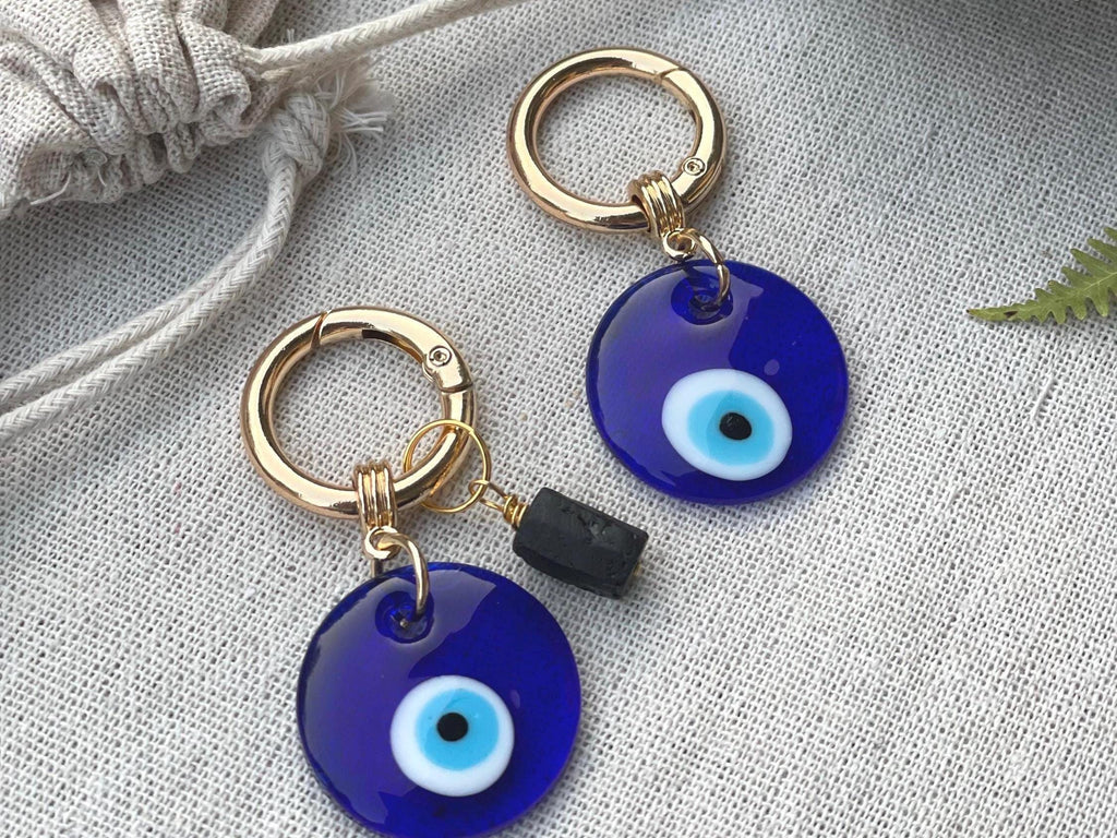 Evil Eye & Black Tourmaline Bag Charm, Crystal Keychain for Grounding, Emotional Boundaries Gift for Stress Protection Intention