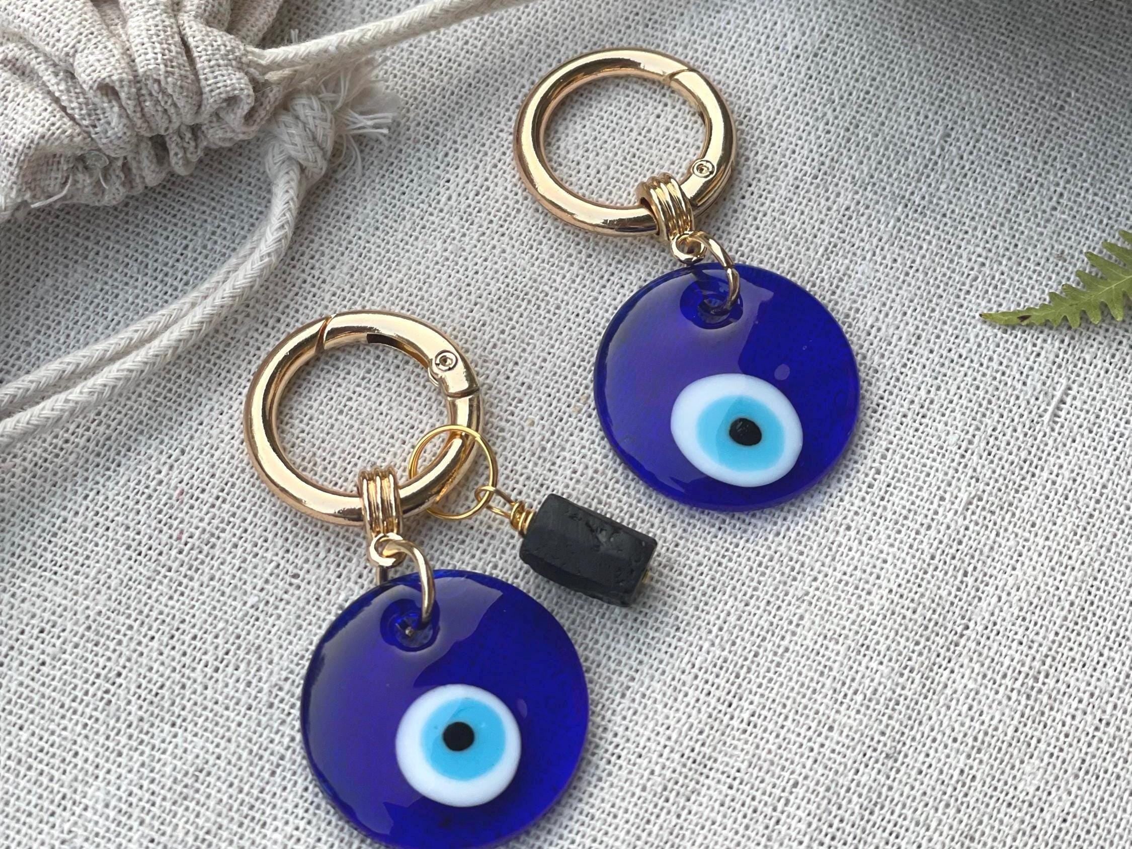 Evil Eye & Black Tourmaline Bag Charm, Crystal Keychain for Grounding, Emotional Boundaries Gift for Stress Protection Intention