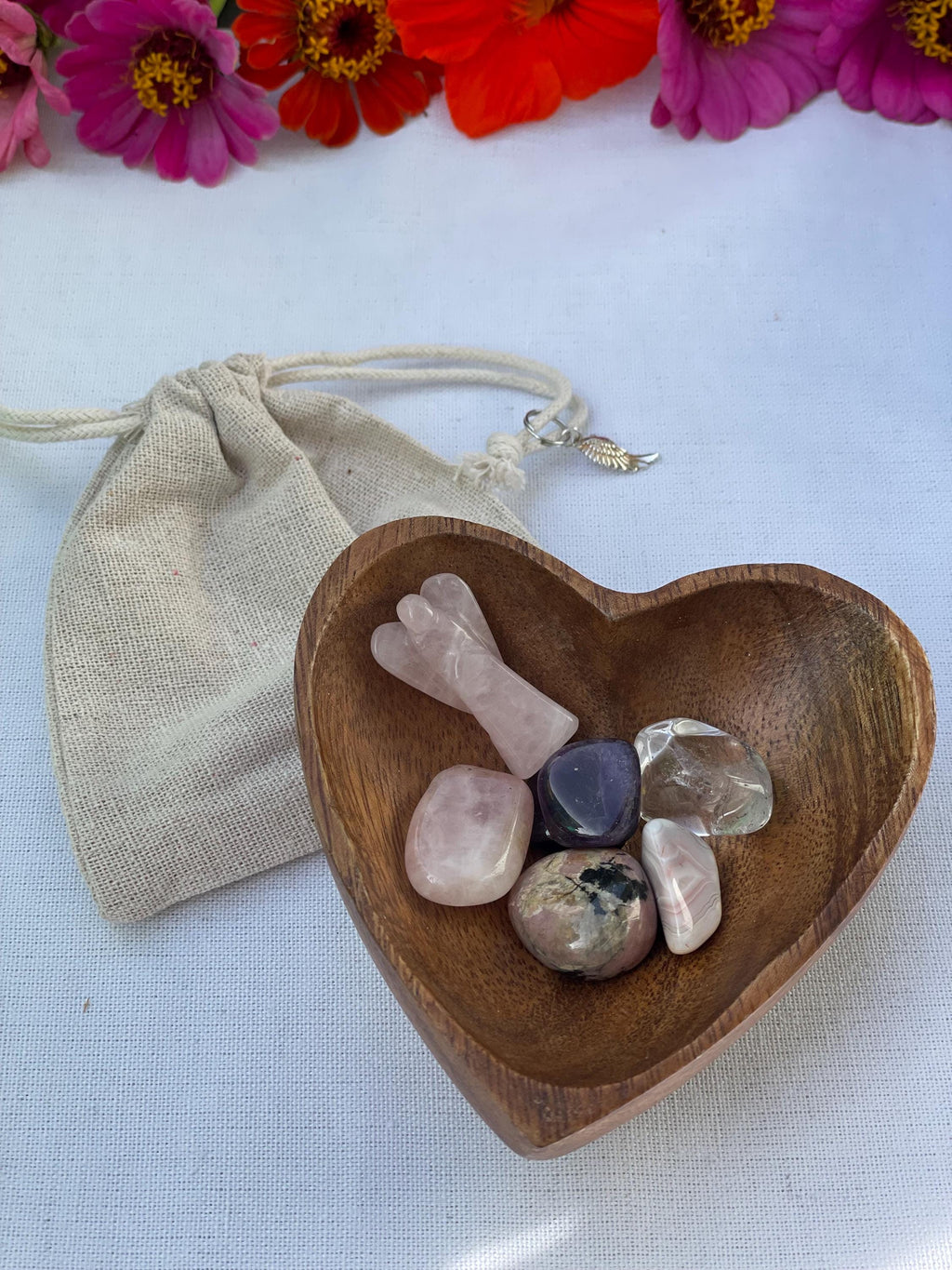 Sympathy Gift Grief Crystal Set Comfort Healing with optional Carved Angel & Handmade Heart Bowl