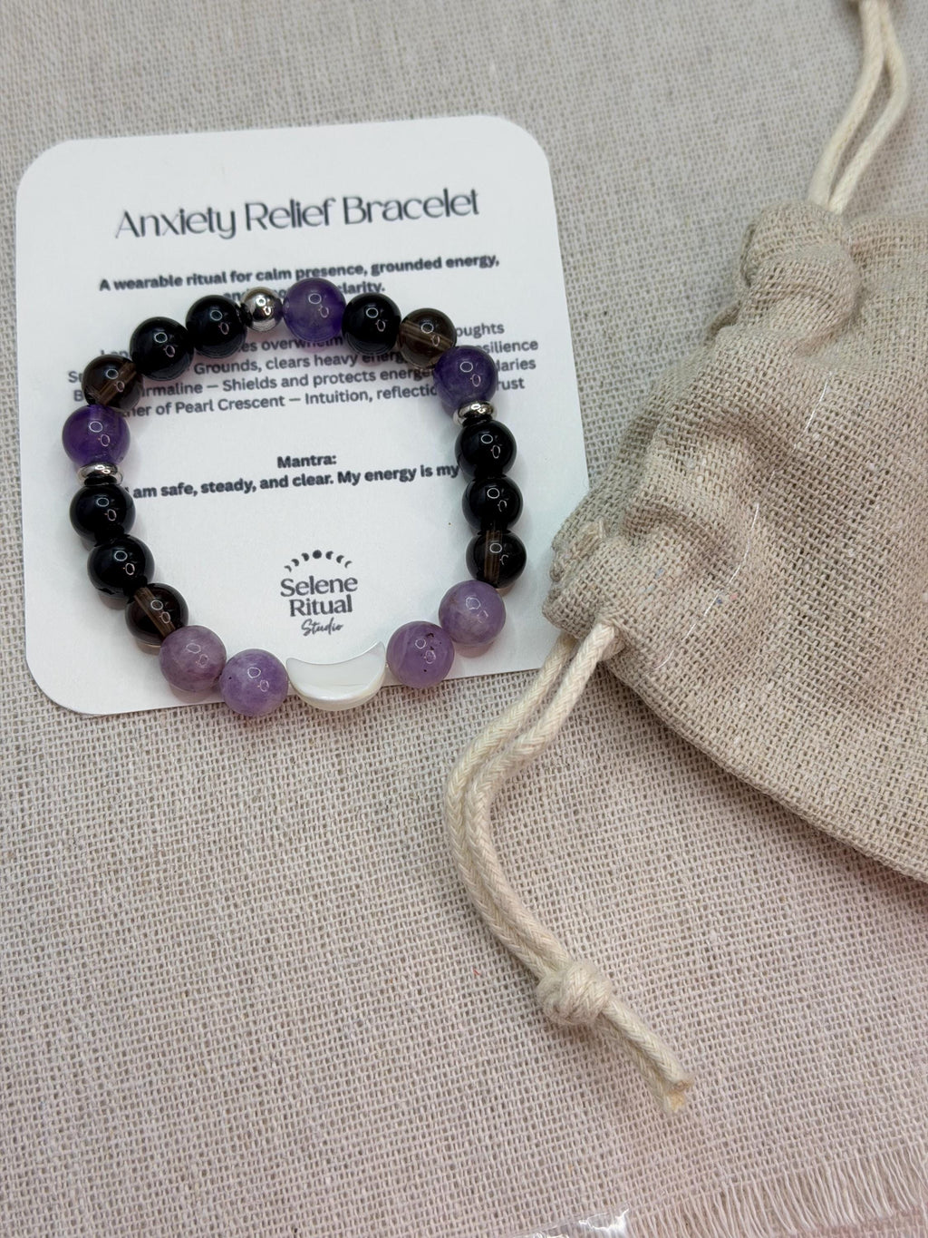 Anxiety Relief Bracelet for Women Tourmaline Smoky Quartz Lepidolite Moon Bracelet | Grounding Crystal Gift for Emotional Support