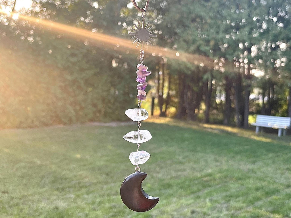 Black Obsidian Crescent Moon Suncatcher Crystal Decor for Grounding, Clarity & Calm | Car Charm or Window Hanger Mindful Gift