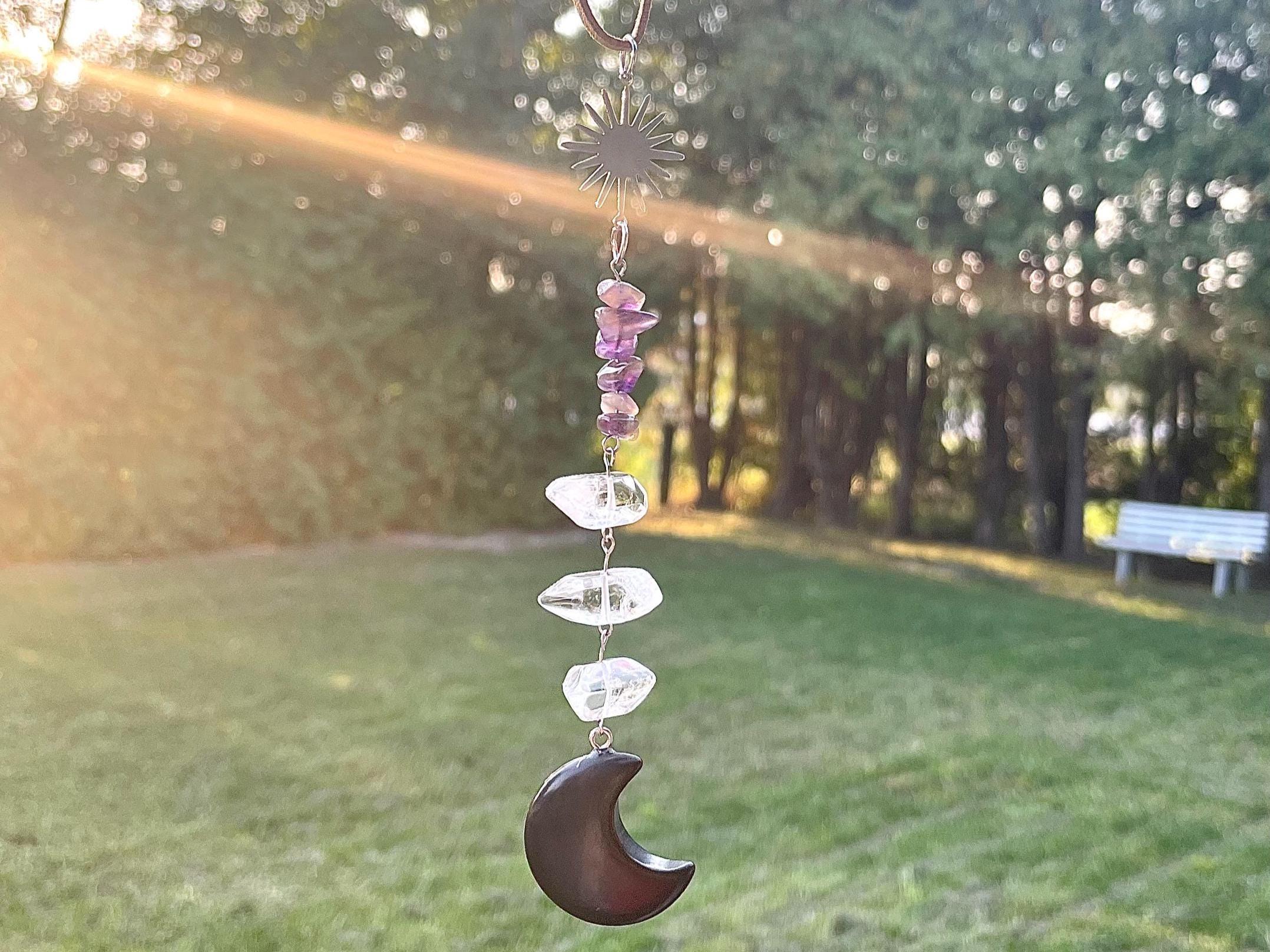 Black Obsidian Crescent Moon Suncatcher Crystal Decor for Grounding, Clarity & Calm | Car Charm or Window Hanger Mindful Gift