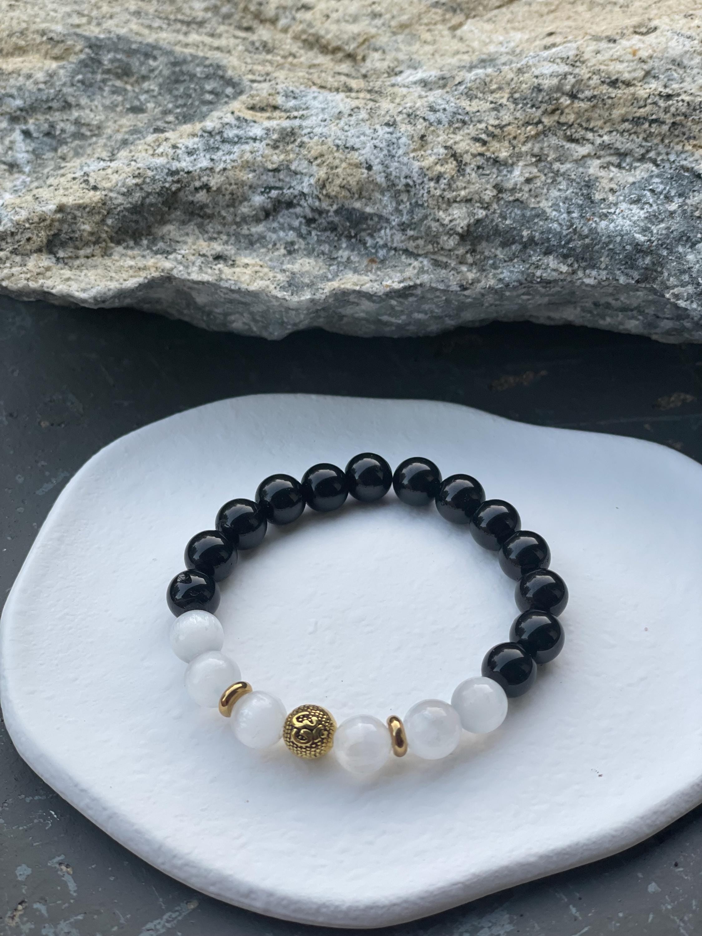 Black Tourmaline & Selenite Bracelet Crystal Bracelet Symbolism for Protection and Clarity Grounding Jewelry Gift for Anxiety