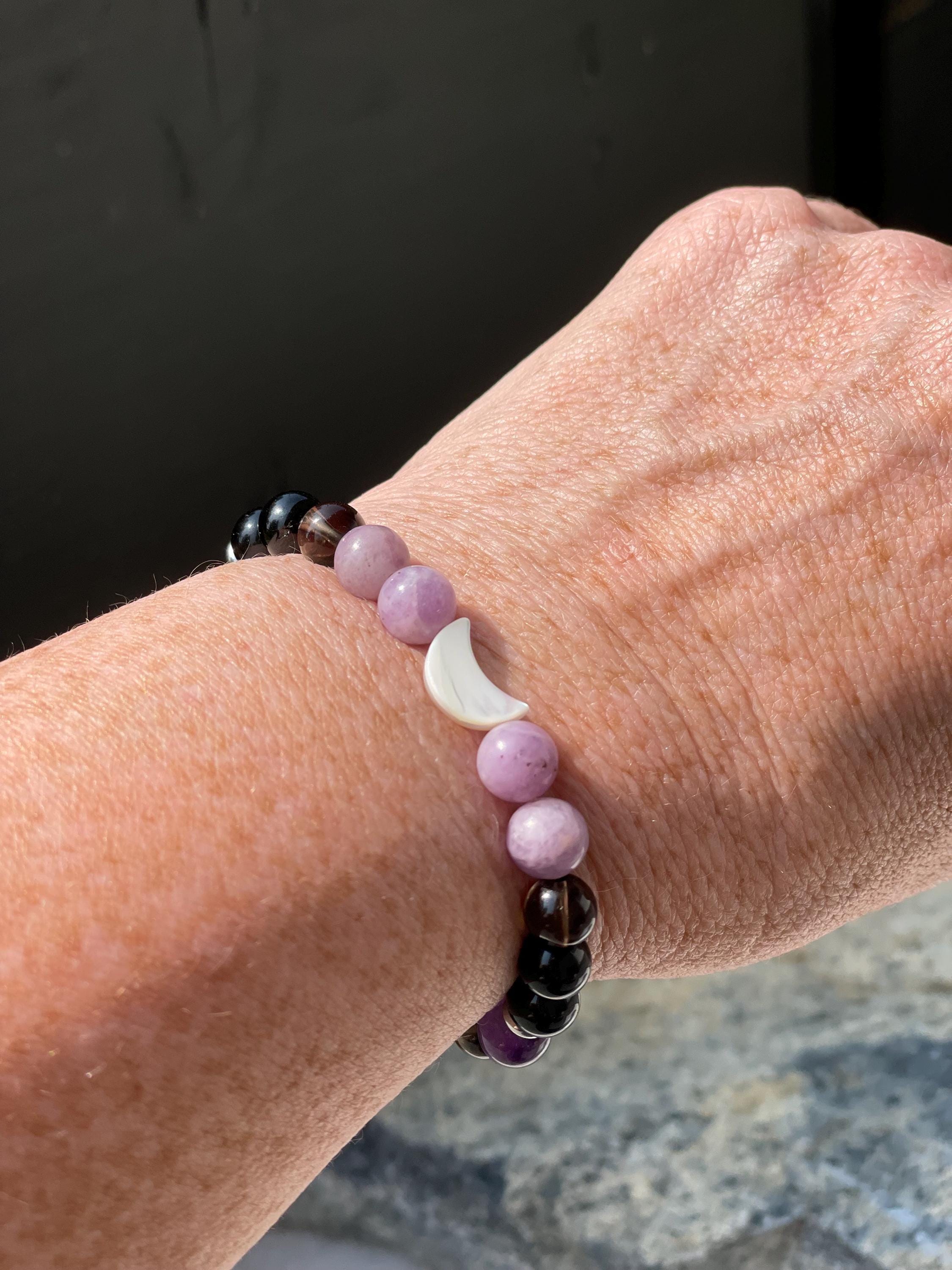Anxiety Relief Bracelet for Women Tourmaline Smoky Quartz Lepidolite Moon Bracelet | Grounding Crystal Gift for Emotional Support