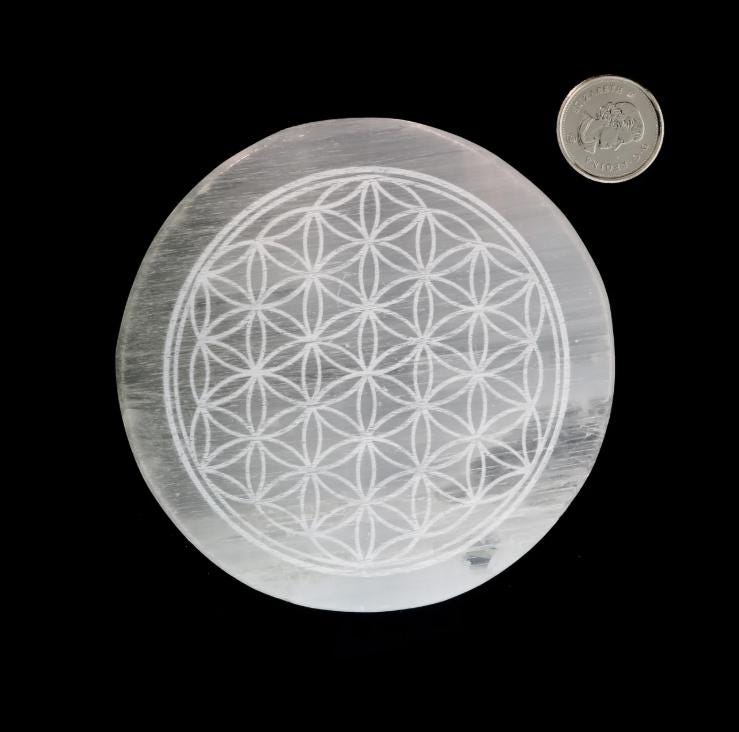 Selenite Charging Plate for crystals, Flower of Life Design Round Plate 10 inch