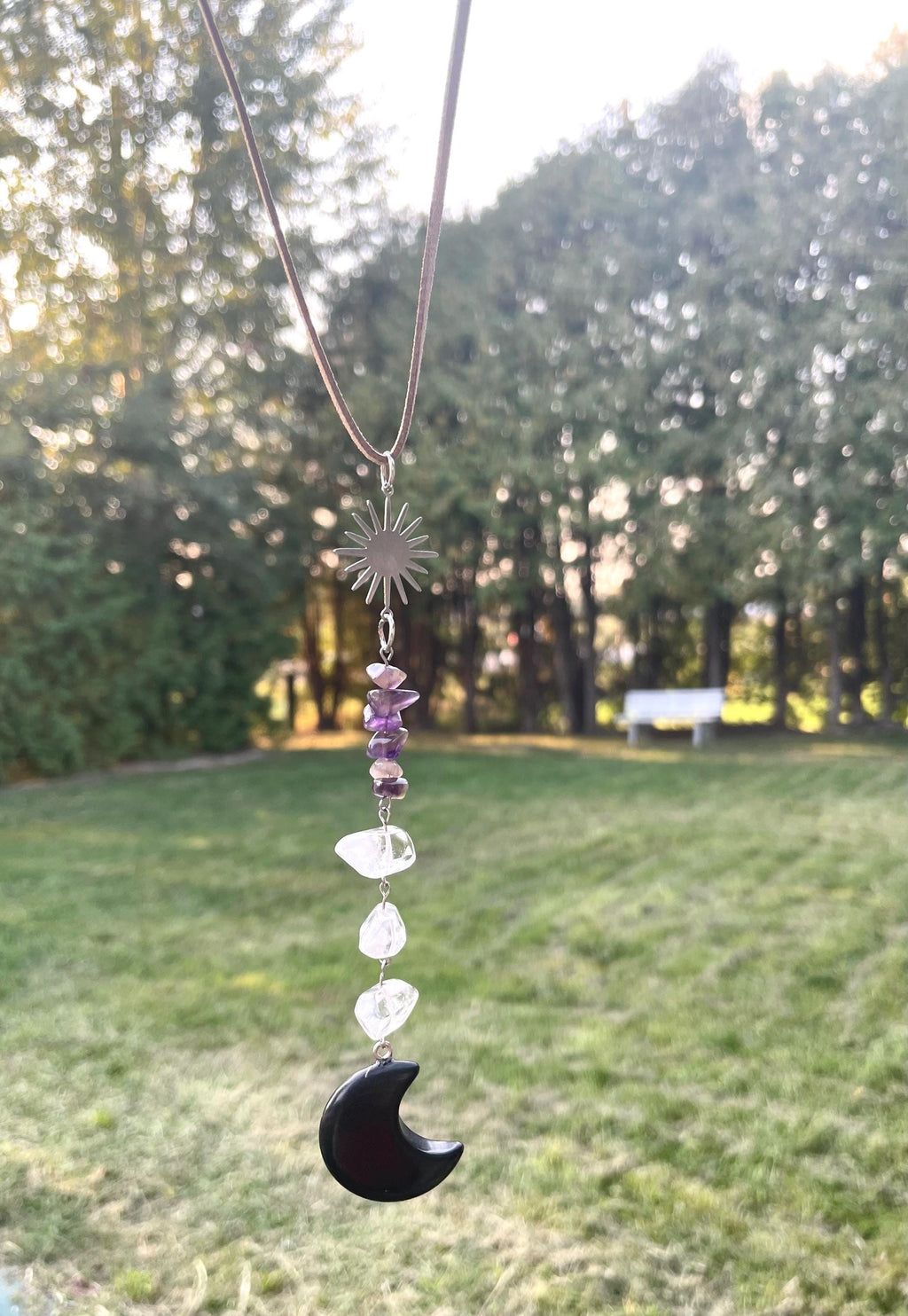 Black Obsidian Crescent Moon Suncatcher Crystal Decor for Grounding, Clarity & Calm | Car Charm or Window Hanger Mindful Gift