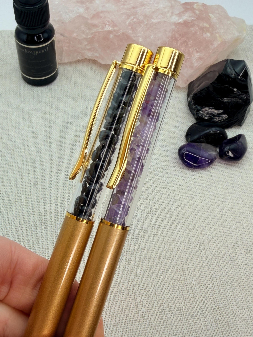 Ground & Protect Pen Set | Crystal Chips Black Tourmaline Amethyst Pens Writing Ritual Tools