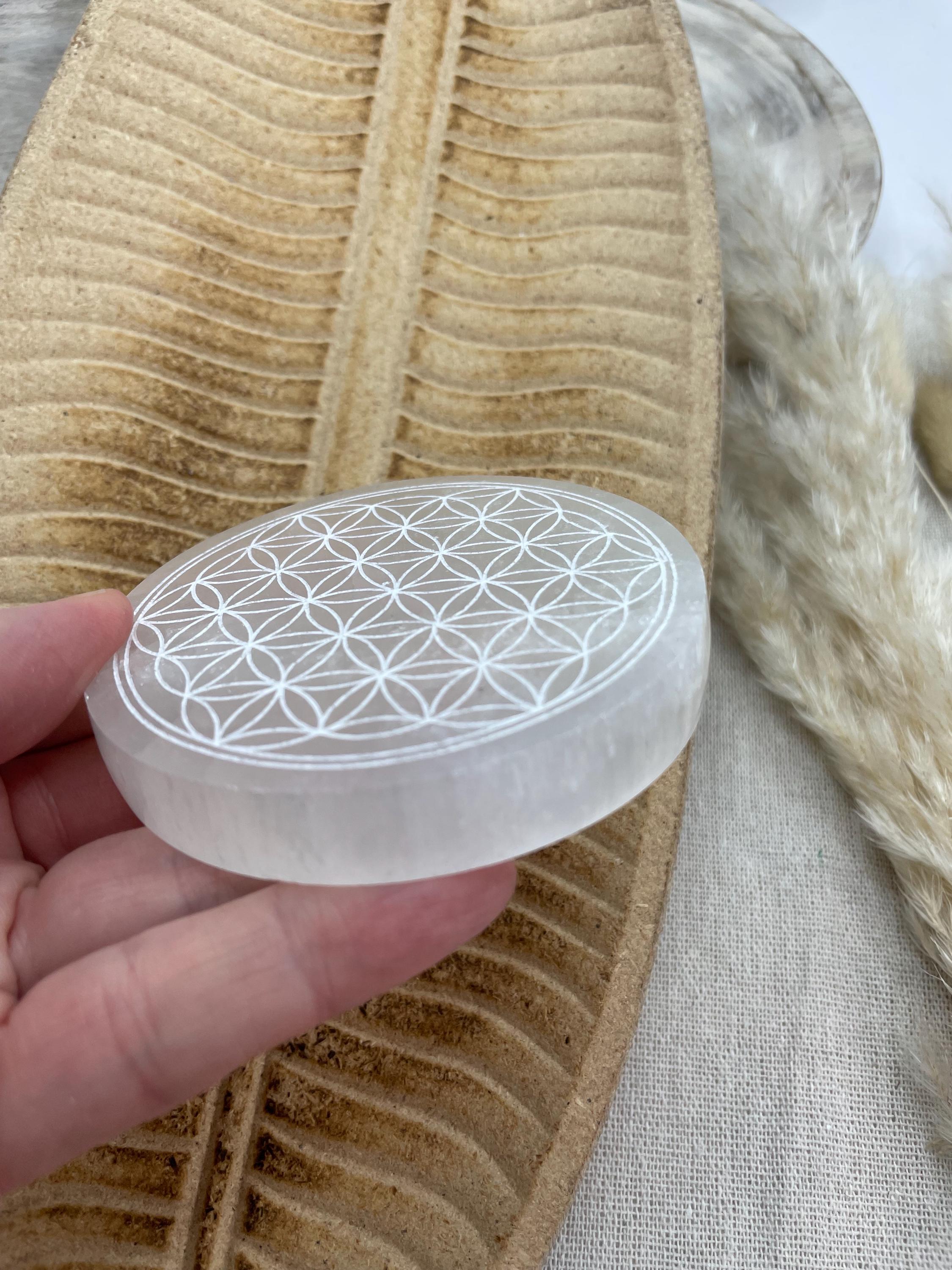 Selenite Charging Plate for crystals, Flower of Life Design Round Plate 10 inch
