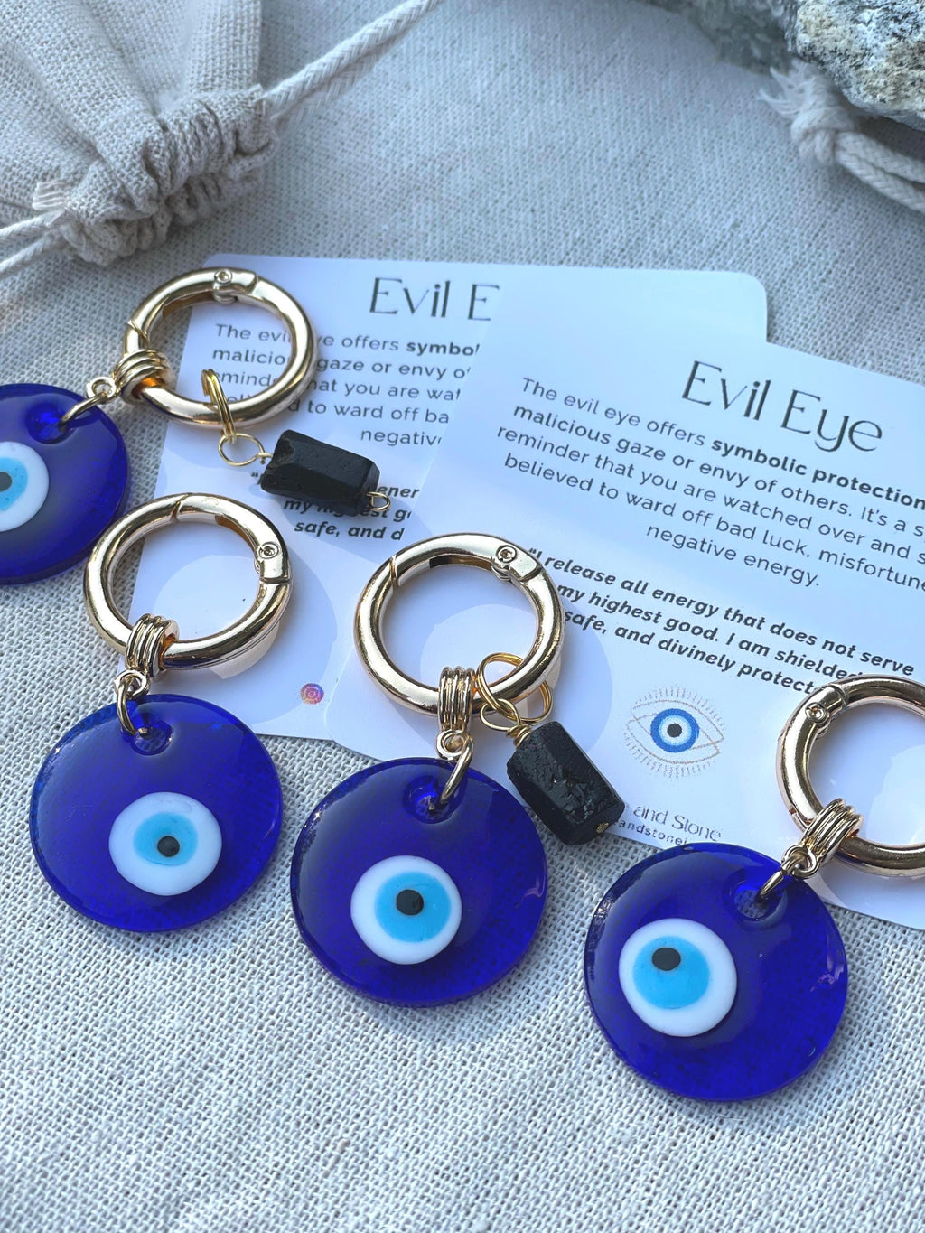 Evil Eye & Black Tourmaline Bag Charm, Crystal Keychain for Grounding, Emotional Boundaries Gift for Stress Protection Intention