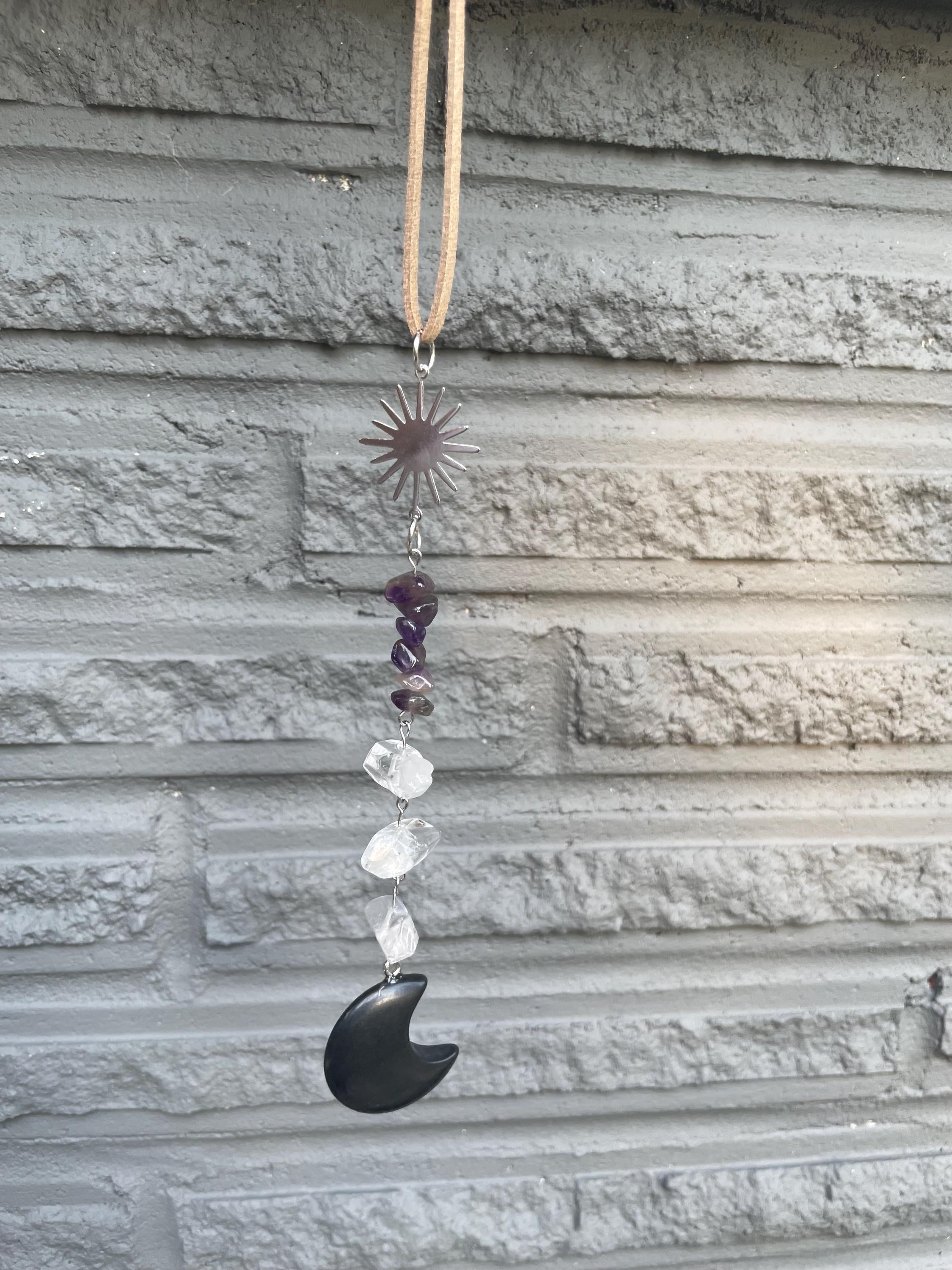 Black Obsidian Crescent Moon Suncatcher Crystal Decor for Grounding, Clarity & Calm | Car Charm or Window Hanger Mindful Gift