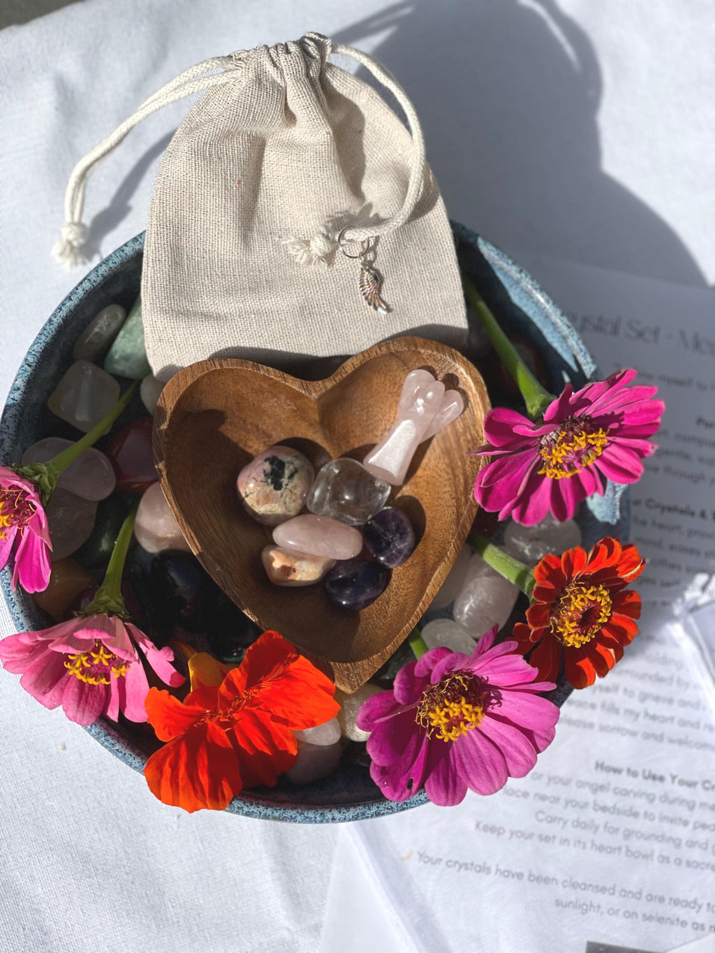 Sympathy Gift Grief Crystal Set Comfort Healing with optional Carved Angel & Handmade Heart Bowl