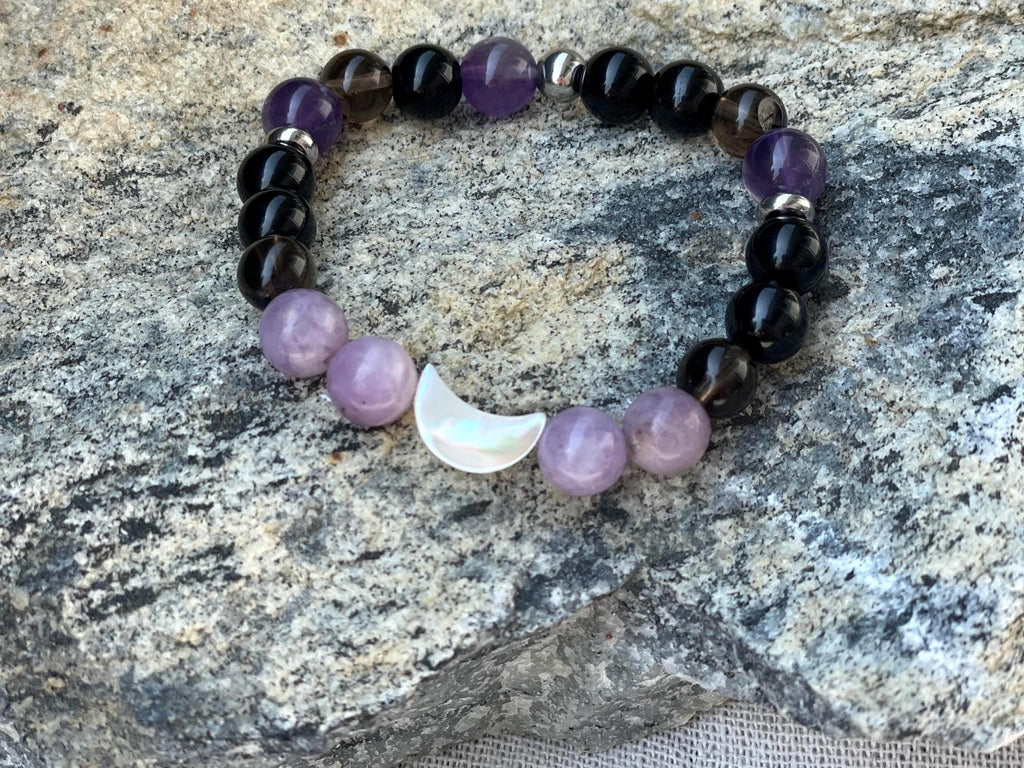 Anxiety Relief Bracelet for Women Tourmaline Smoky Quartz Lepidolite Moon Bracelet | Grounding Crystal Gift for Emotional Support