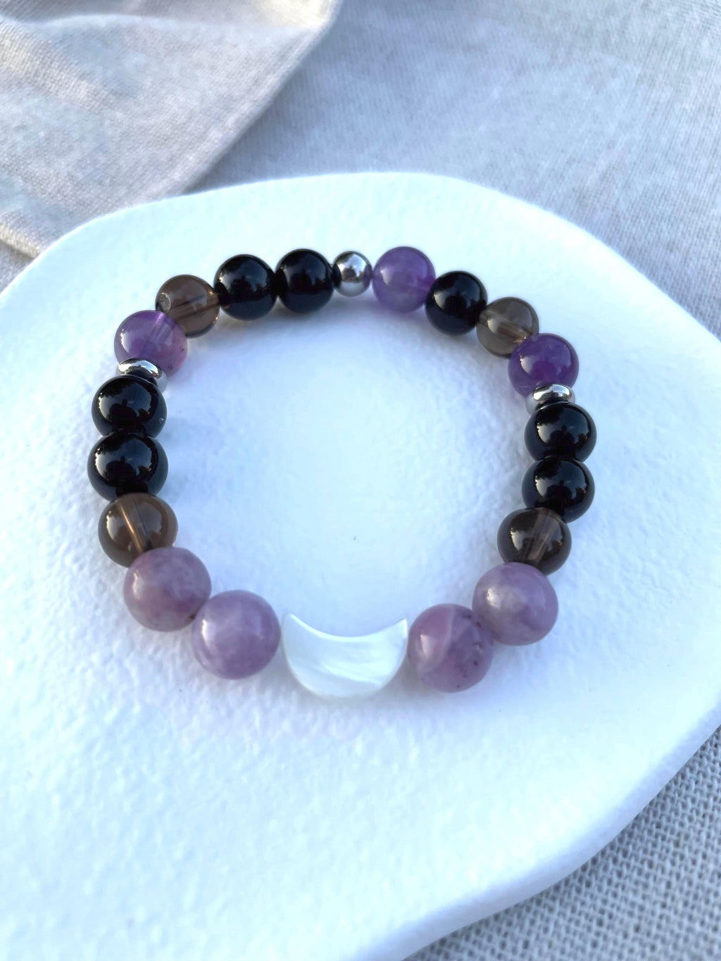 Anxiety Relief Bracelet for Women Tourmaline Smoky Quartz Lepidolite Moon Bracelet | Grounding Crystal Gift for Emotional Support