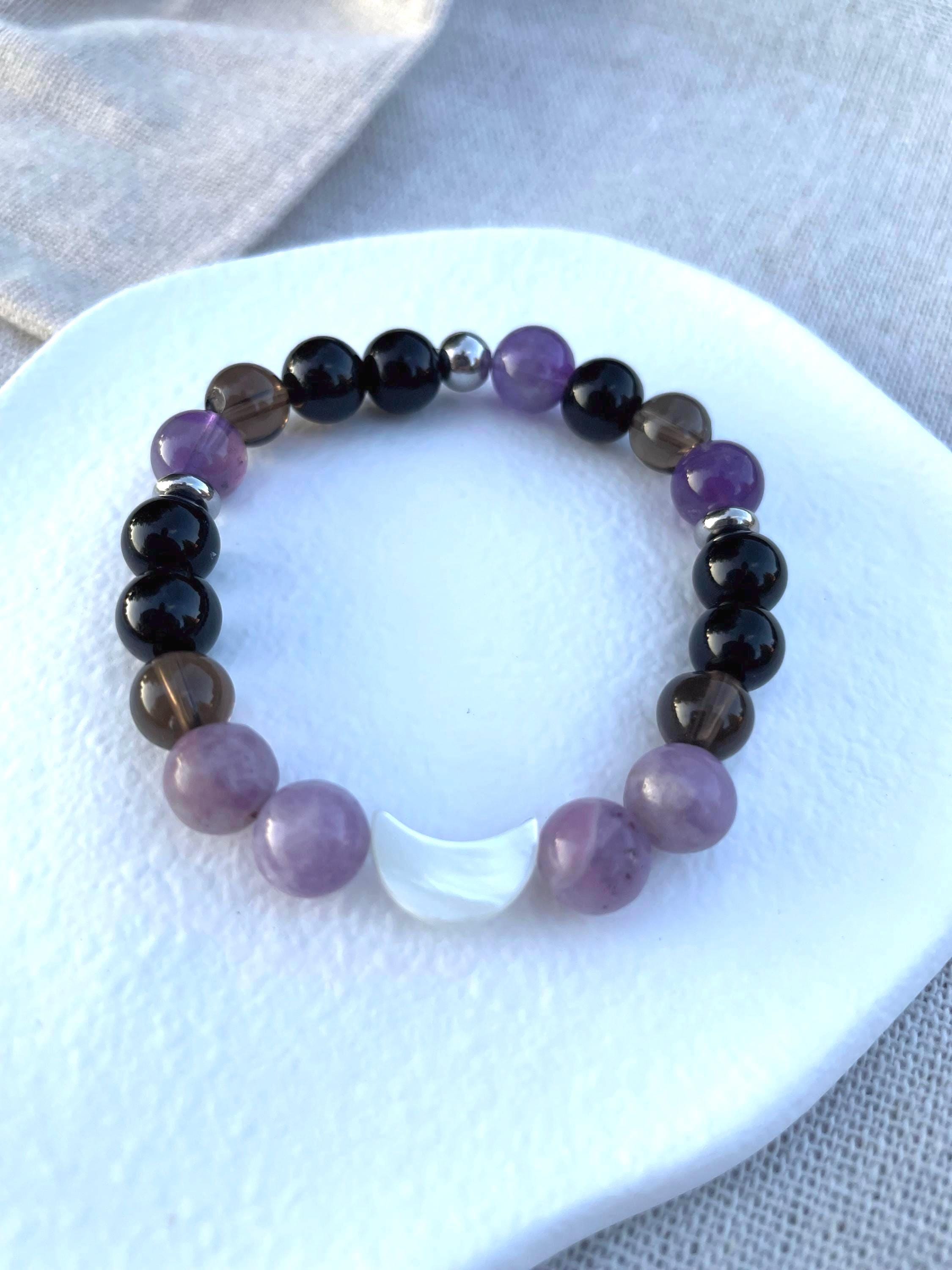 Anxiety Relief Bracelet for Women Tourmaline Smoky Quartz Lepidolite Moon Bracelet | Grounding Crystal Gift for Emotional Support