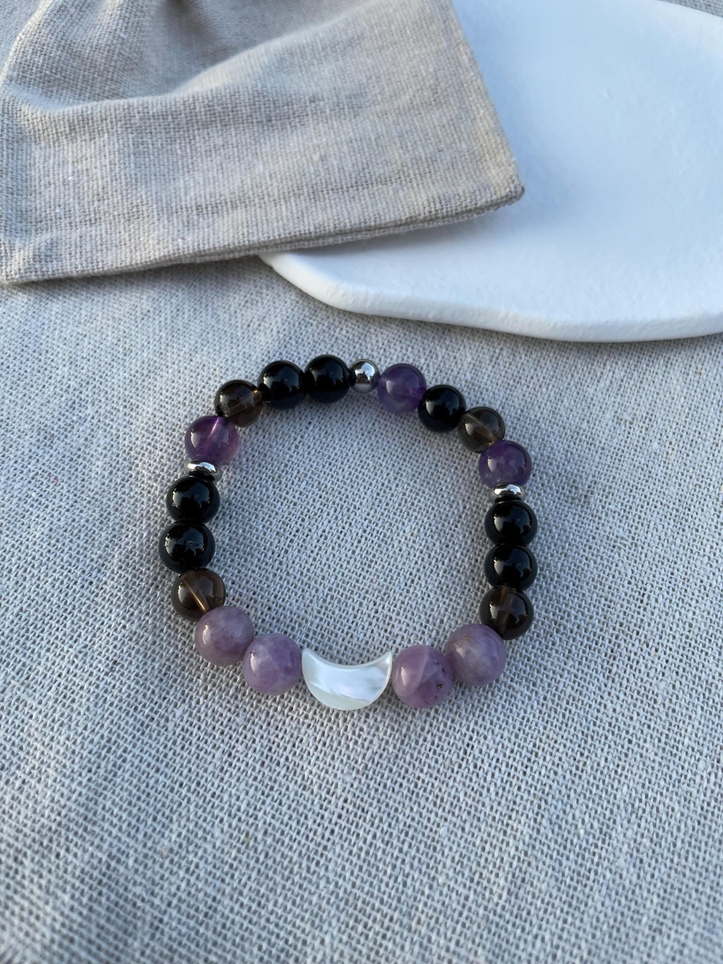 Anxiety Relief Bracelet for Women Tourmaline Smoky Quartz Lepidolite Moon Bracelet | Grounding Crystal Gift for Emotional Support