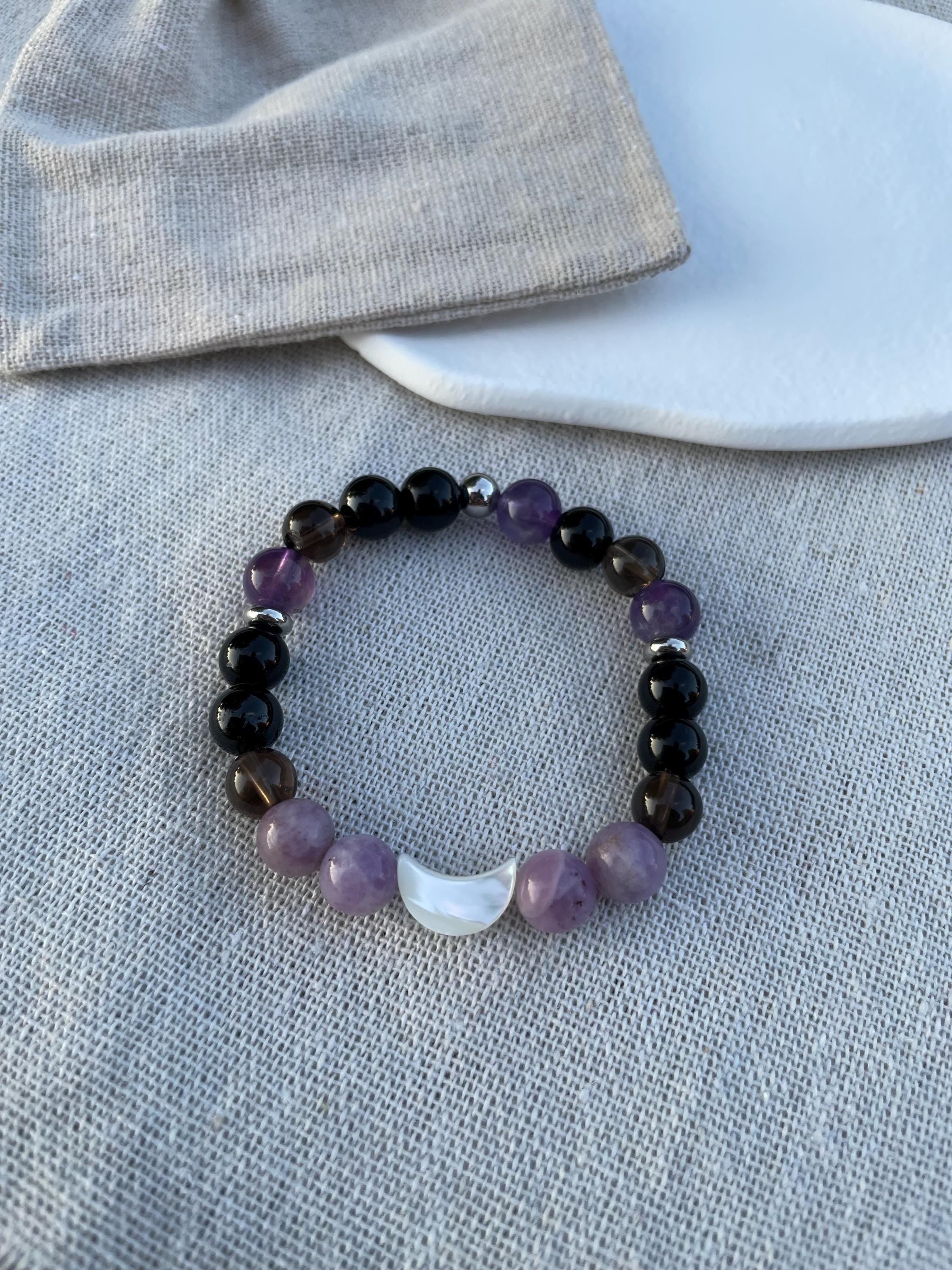 Anxiety Relief Bracelet for Women Tourmaline Smoky Quartz Lepidolite Moon Bracelet | Grounding Crystal Gift for Emotional Support