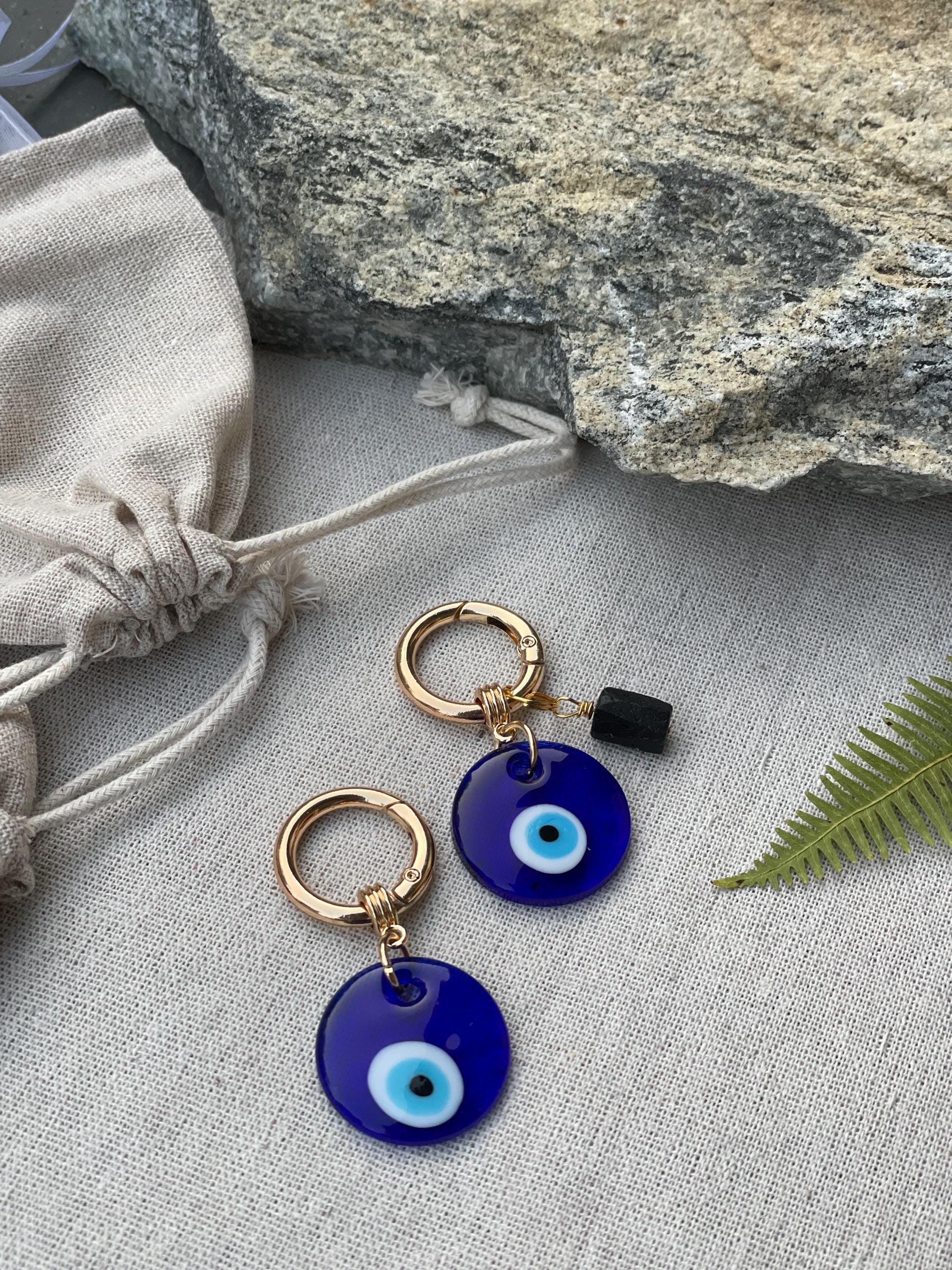 Evil Eye & Black Tourmaline Bag Charm, Crystal Keychain for Grounding, Emotional Boundaries Gift for Stress Protection Intention