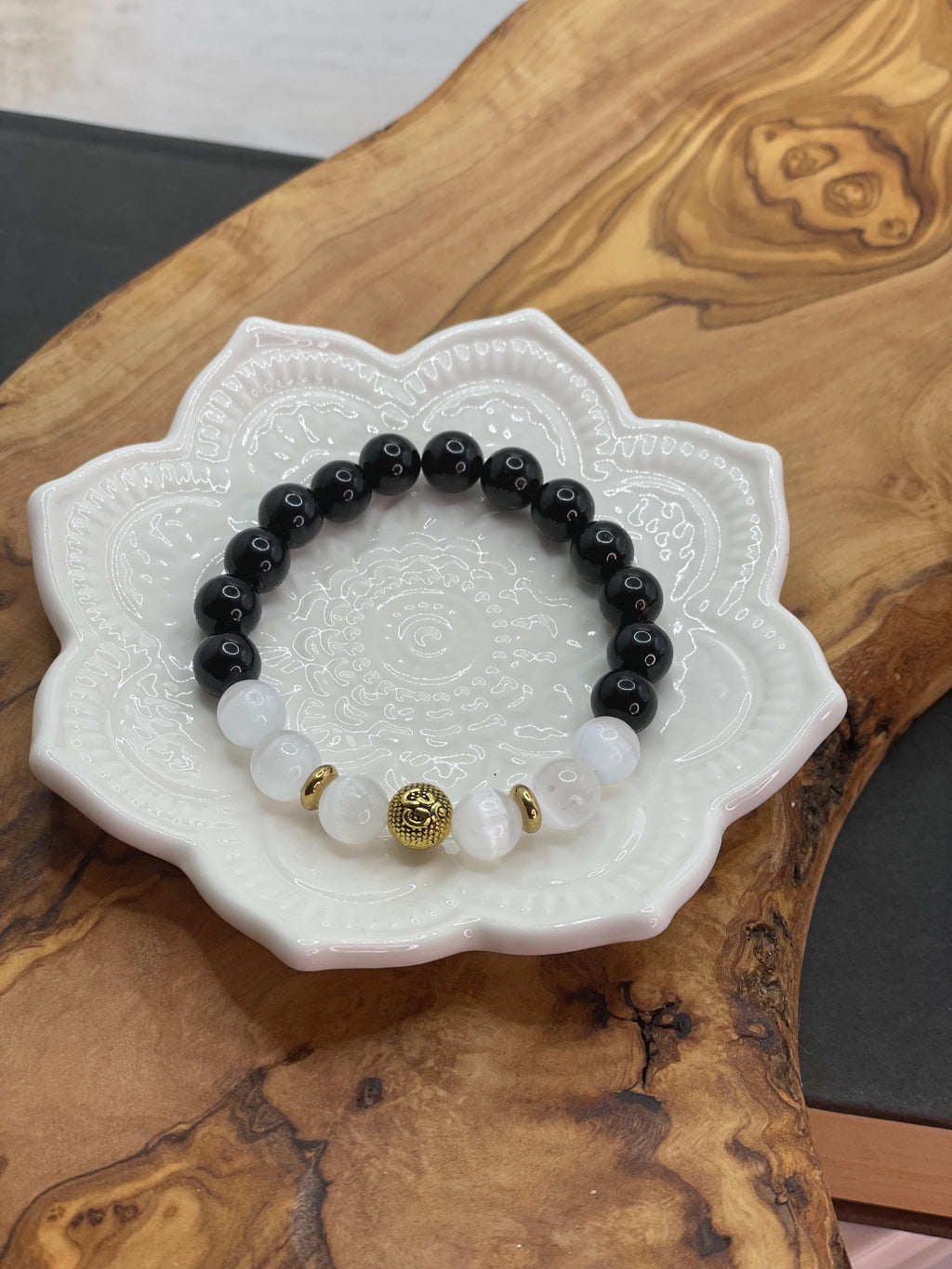 Black Tourmaline & Selenite Bracelet Crystal Bracelet Symbolism for Protection and Clarity Grounding Jewelry Gift for Anxiety