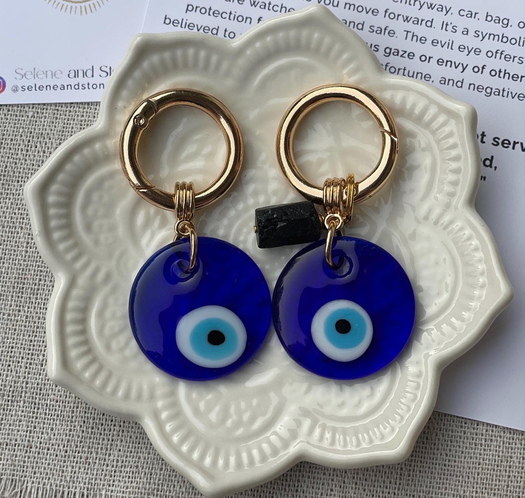 Evil Eye & Black Tourmaline Bag Charm, Crystal Keychain for Grounding, Emotional Boundaries Gift for Stress Protection Intention
