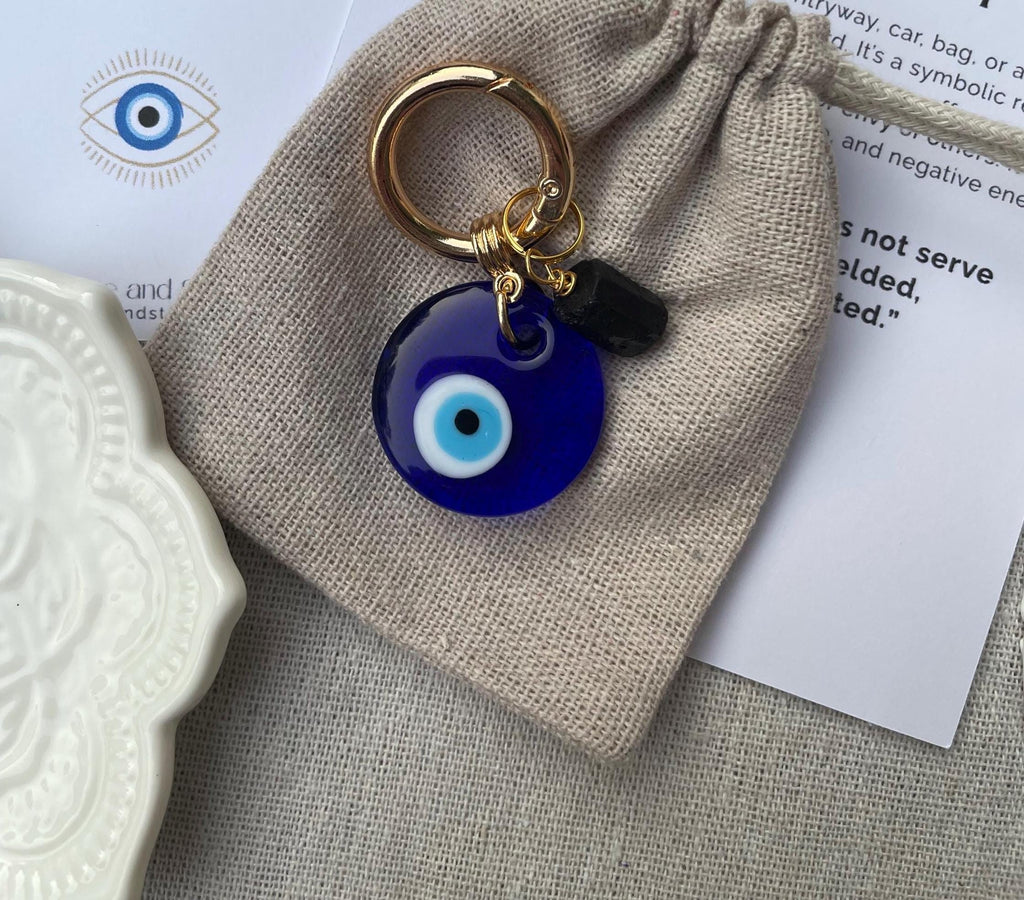 Evil Eye & Black Tourmaline Bag Charm, Crystal Keychain for Grounding, Emotional Boundaries Gift for Stress Protection Intention