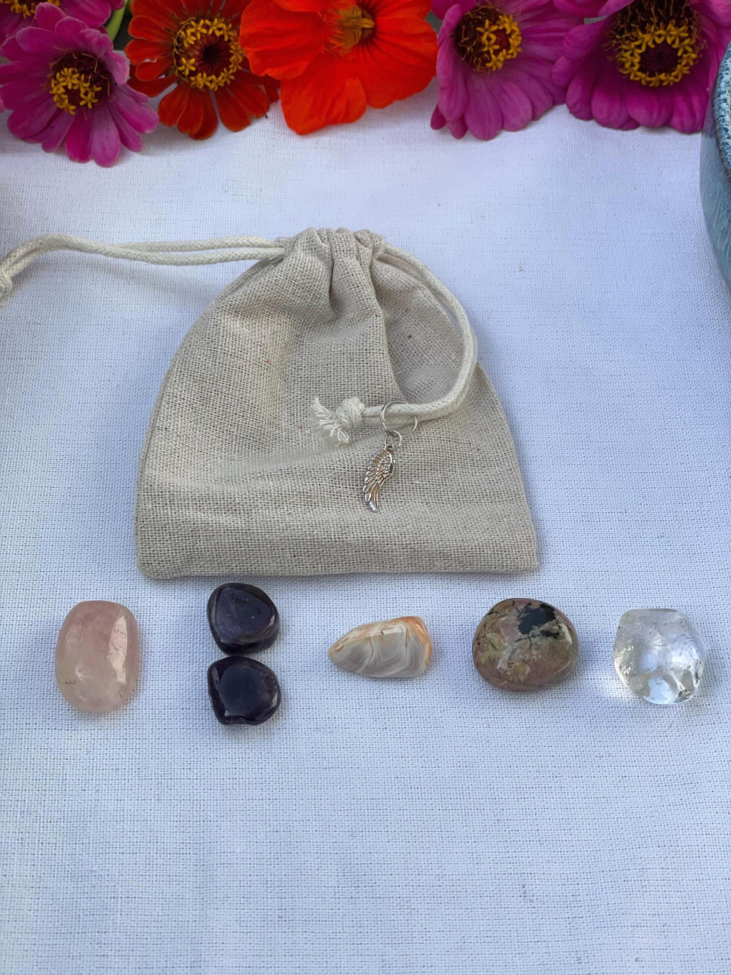 Sympathy Gift Grief Crystal Set Comfort Healing with optional Carved Angel & Handmade Heart Bowl