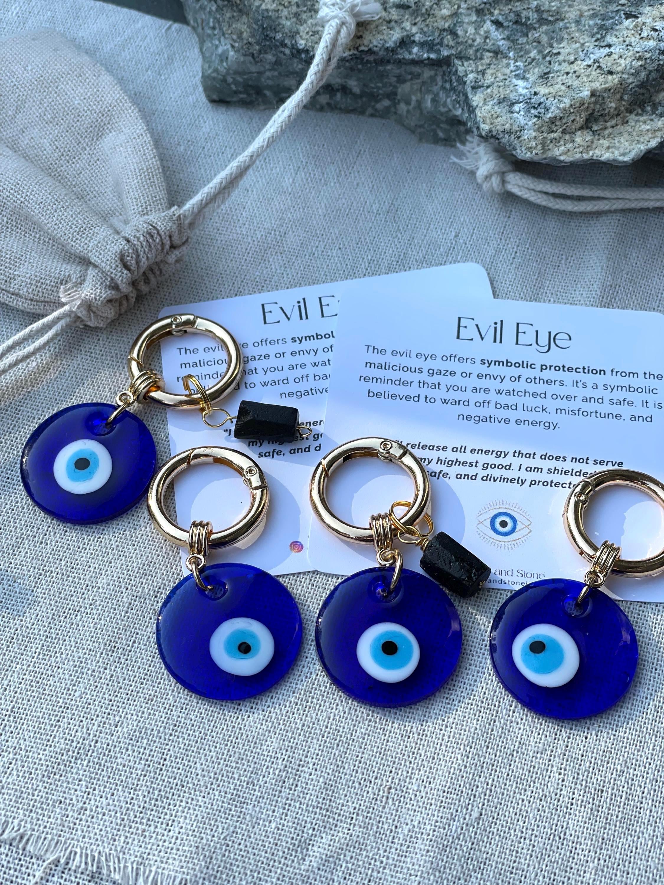 Evil Eye & Black Tourmaline Bag Charm, Crystal Keychain for Grounding, Emotional Boundaries Gift for Stress Protection Intention