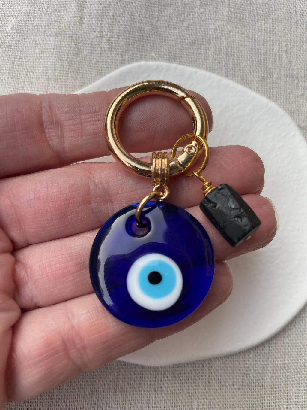 Evil Eye & Black Tourmaline Bag Charm, Crystal Keychain for Grounding, Emotional Boundaries Gift for Stress Protection Intention