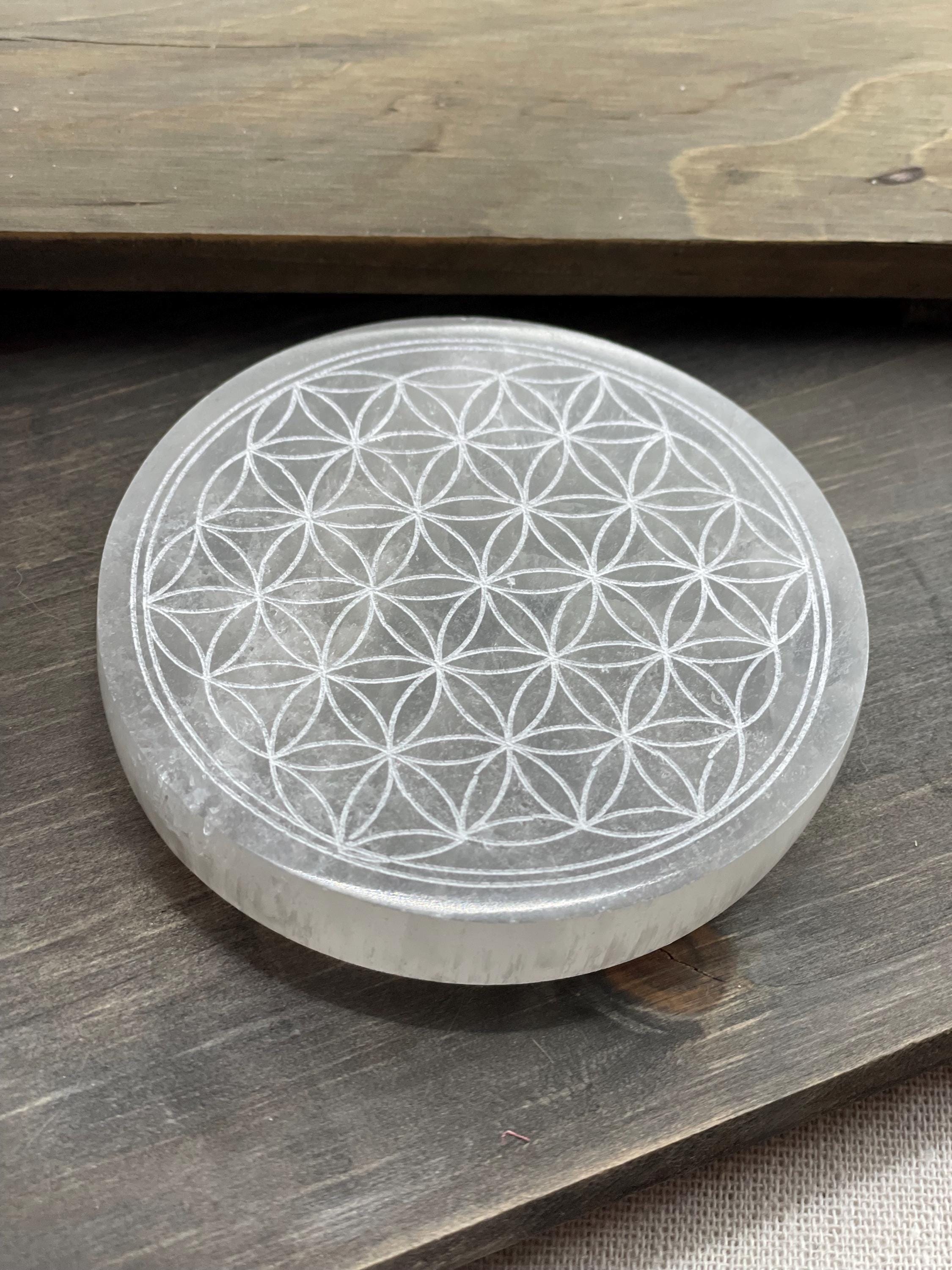 Selenite Charging Plate for crystals, Flower of Life Design Round Plate 10 inch
