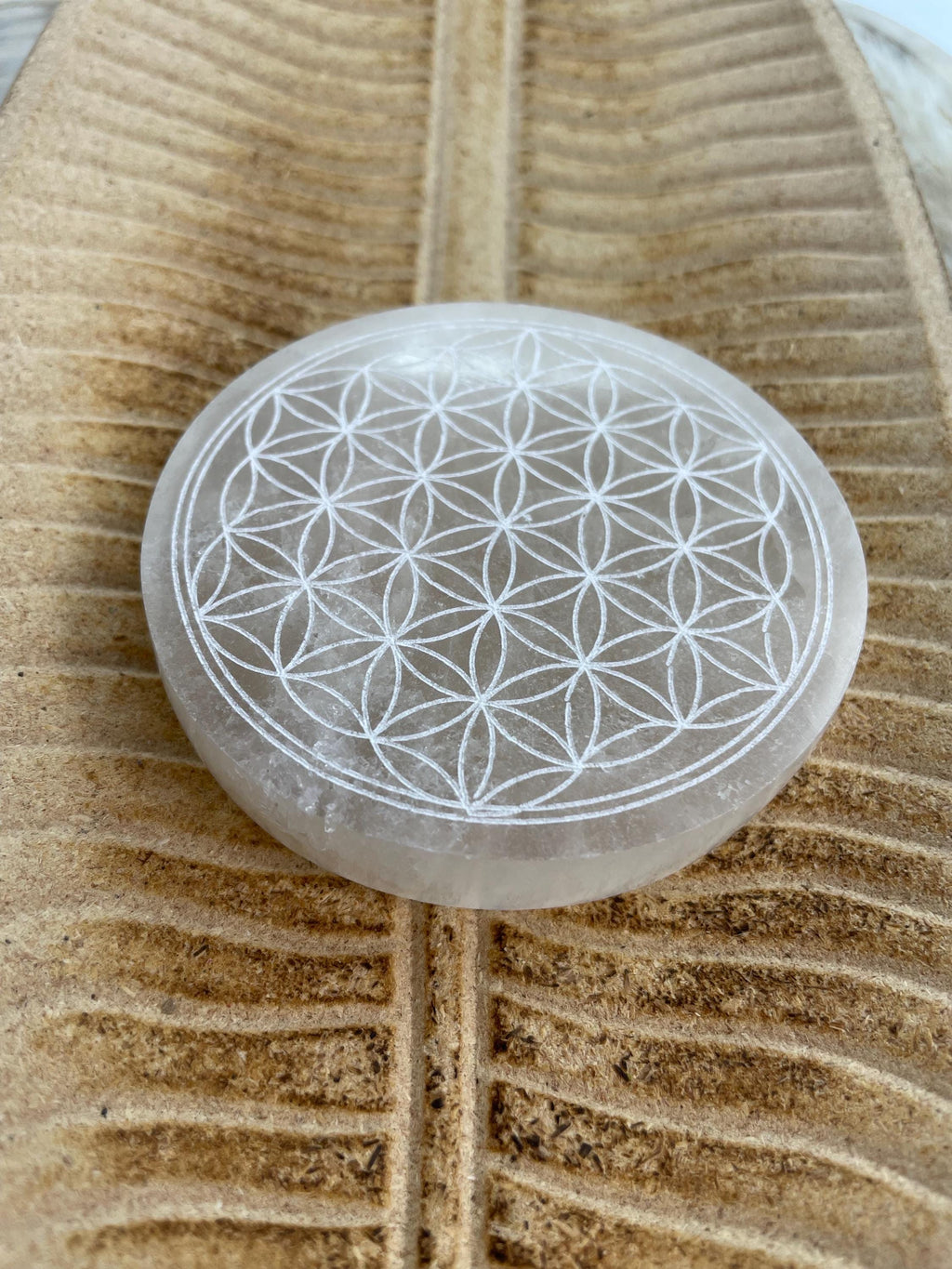 Selenite Charging Plate for crystals, Flower of Life Design Round Plate 10 inch
