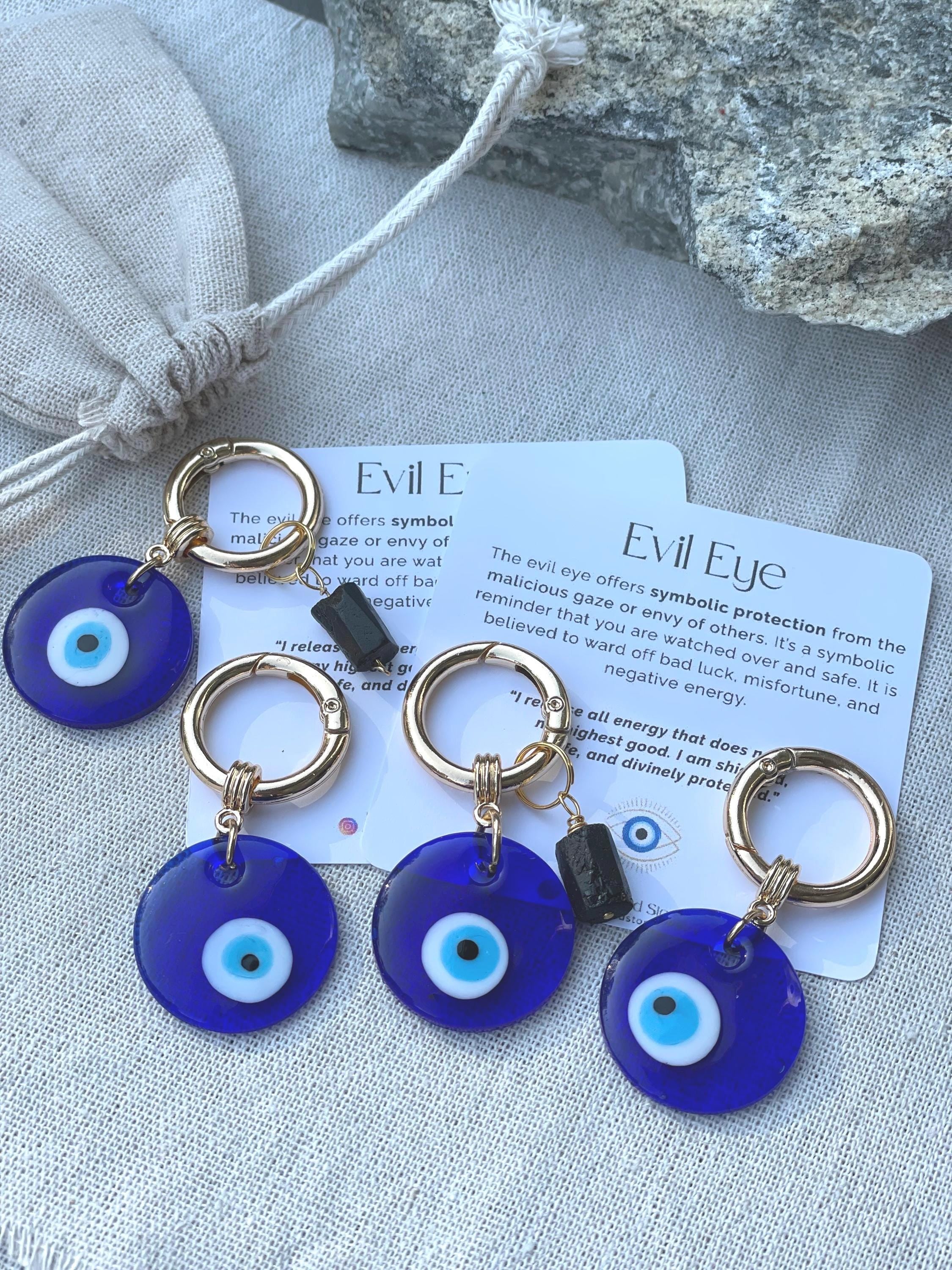 Evil Eye & Black Tourmaline Bag Charm, Crystal Keychain for Grounding, Emotional Boundaries Gift for Stress Protection Intention