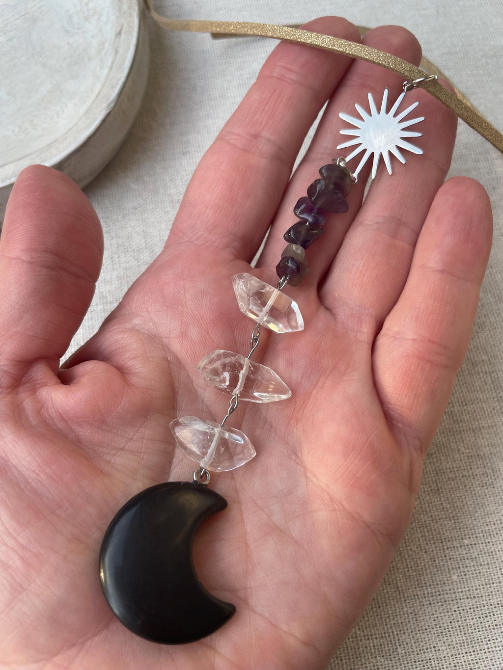 Black Obsidian Crescent Moon Suncatcher Crystal Decor for Grounding, Clarity & Calm | Car Charm or Window Hanger Mindful Gift