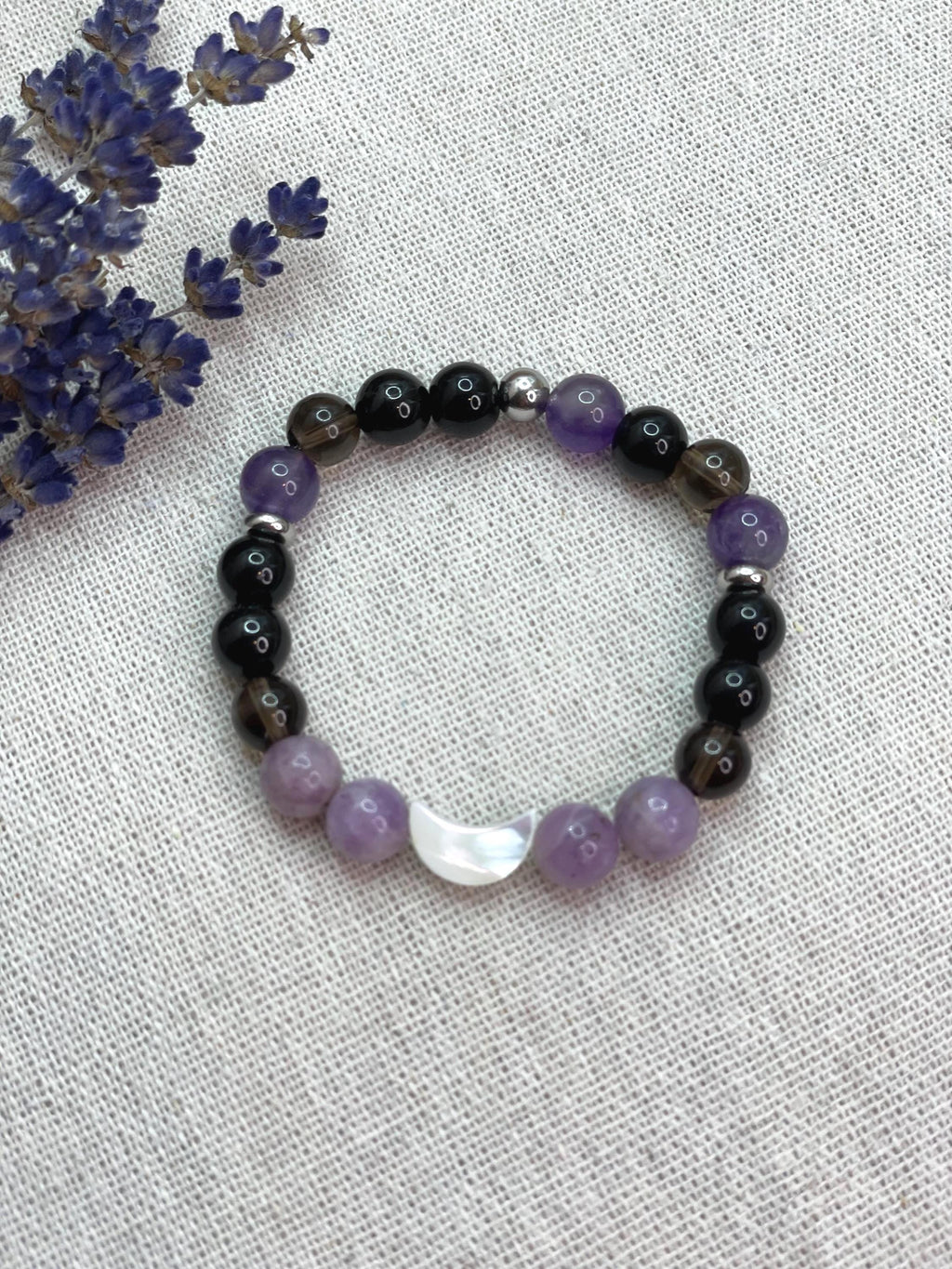 Anxiety Relief Bracelet for Women Tourmaline Smoky Quartz Lepidolite Moon Bracelet | Grounding Crystal Gift for Emotional Support