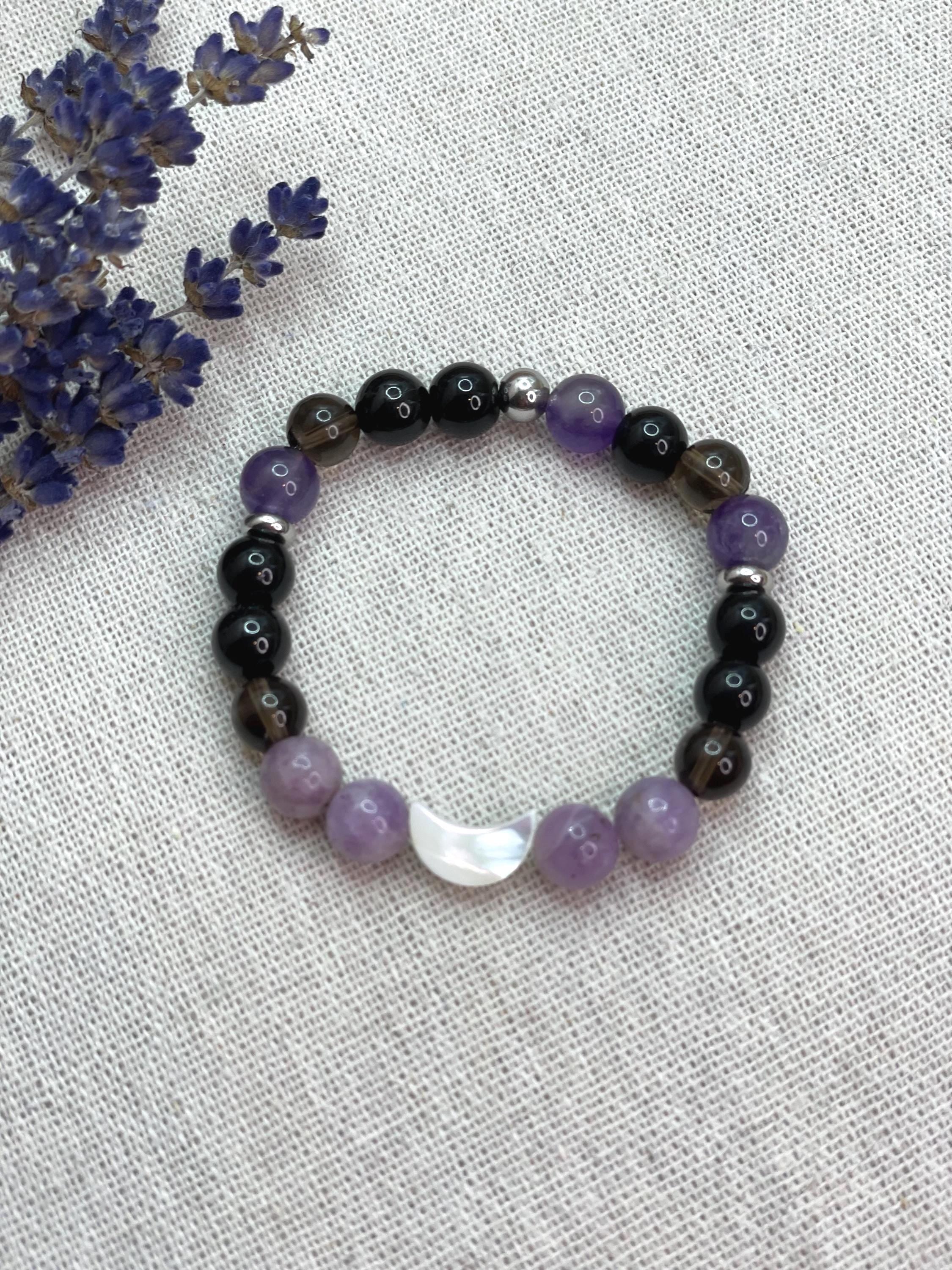 Anxiety Relief Bracelet for Women Tourmaline Smoky Quartz Lepidolite Moon Bracelet | Grounding Crystal Gift for Emotional Support