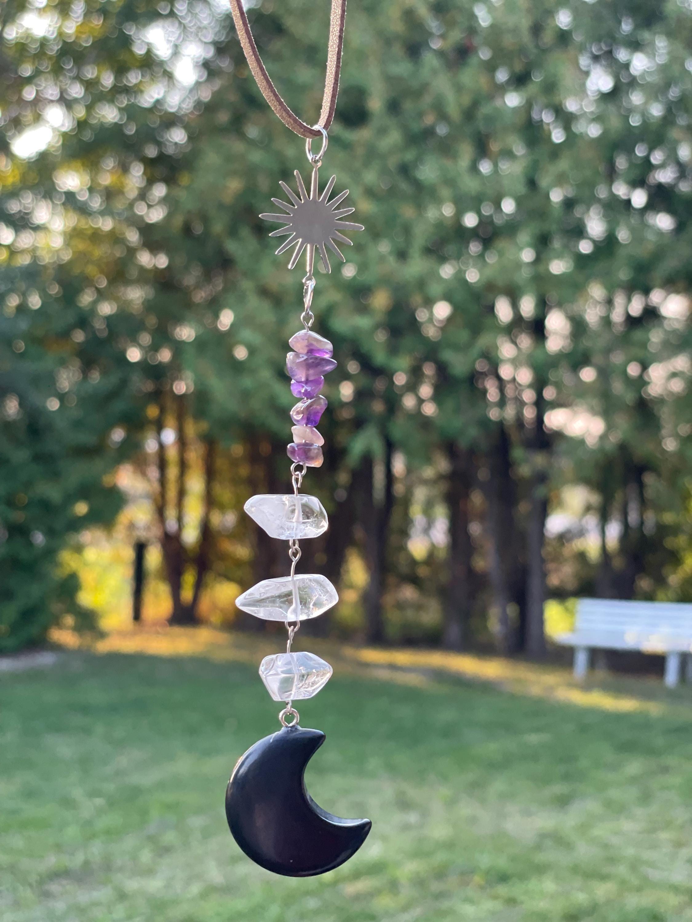 Black Obsidian Crescent Moon Suncatcher Crystal Decor for Grounding, Clarity & Calm | Car Charm or Window Hanger Mindful Gift