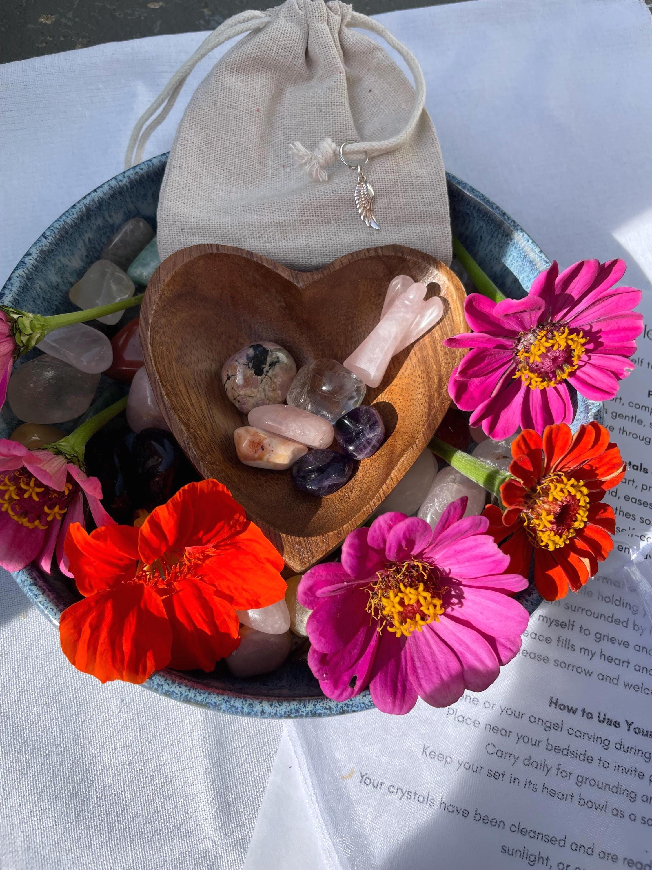 Sympathy Gift Grief Crystal Set Comfort Healing with optional Carved Angel & Handmade Heart Bowl