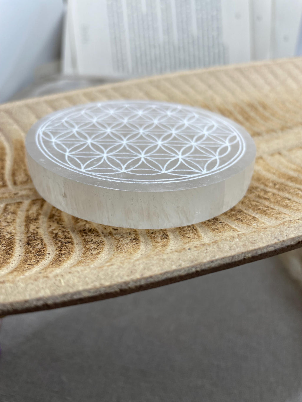 Selenite Charging Plate for crystals, Flower of Life Design Round Plate 10 inch