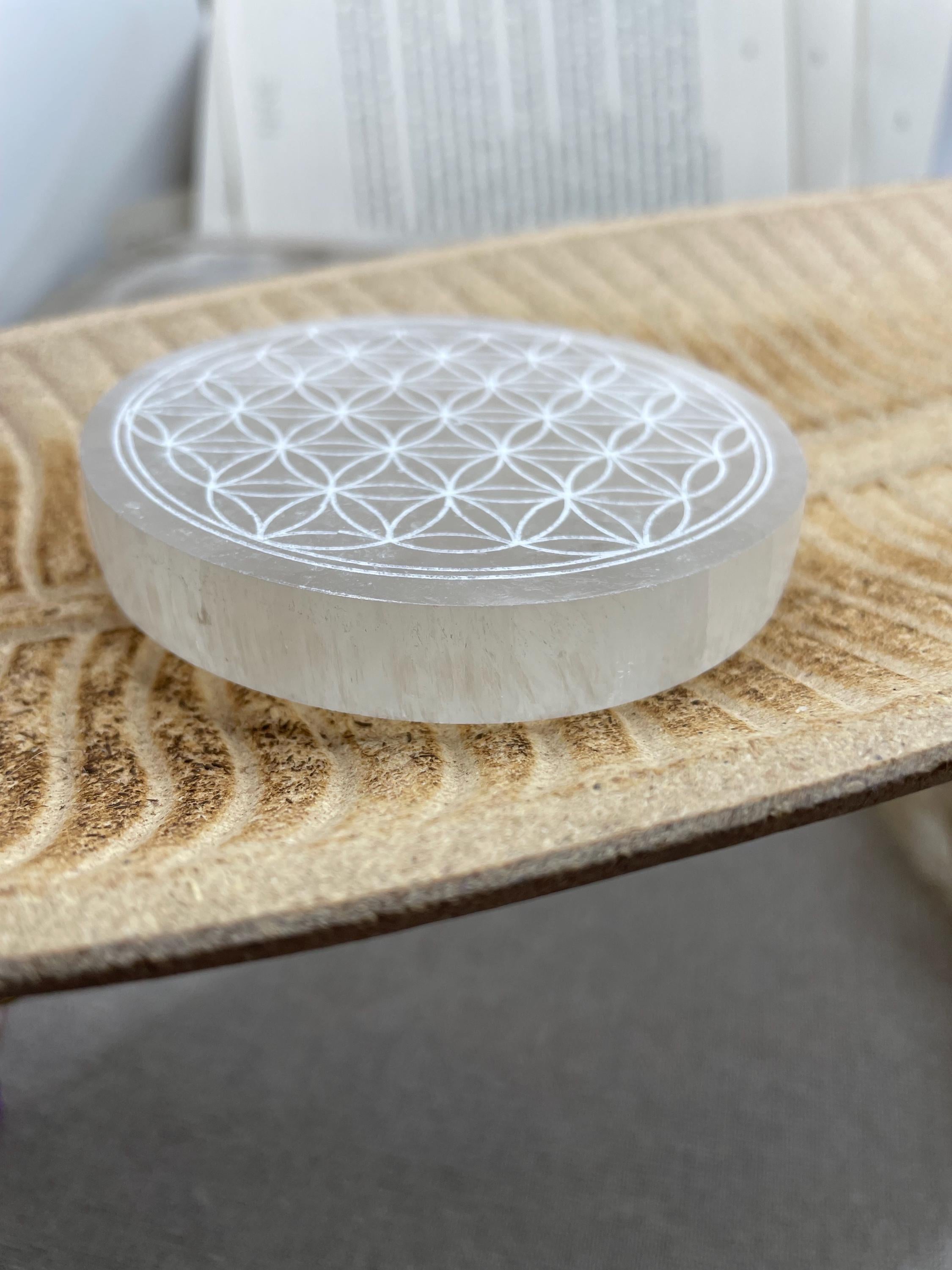 Selenite Charging Plate for crystals, Flower of Life Design Round Plate 10 inch