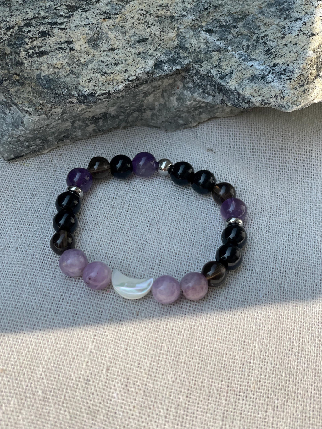 Anxiety Relief Bracelet for Women Tourmaline Smoky Quartz Lepidolite Moon Bracelet | Grounding Crystal Gift for Emotional Support