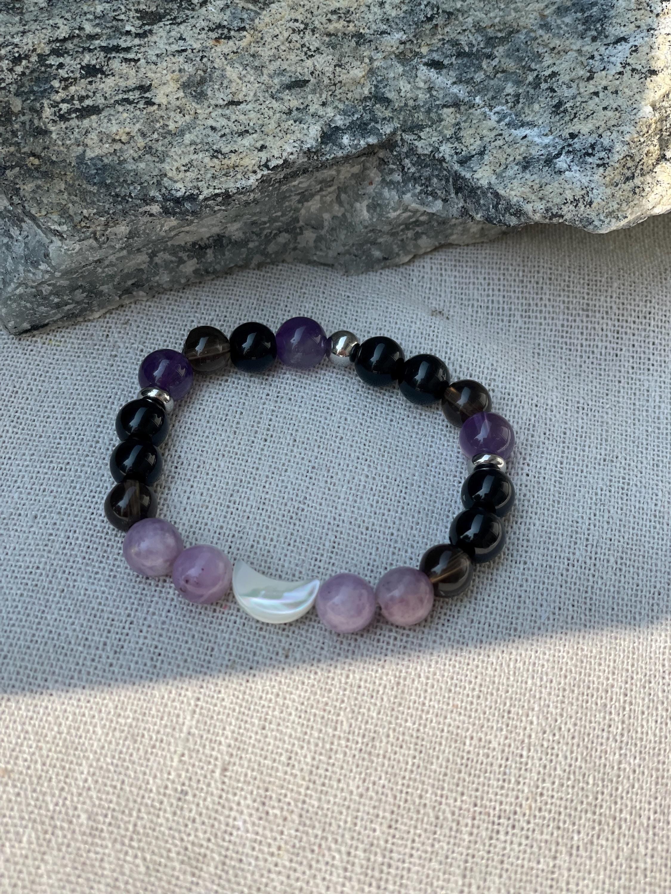 Anxiety Relief Bracelet for Women Tourmaline Smoky Quartz Lepidolite Moon Bracelet | Grounding Crystal Gift for Emotional Support