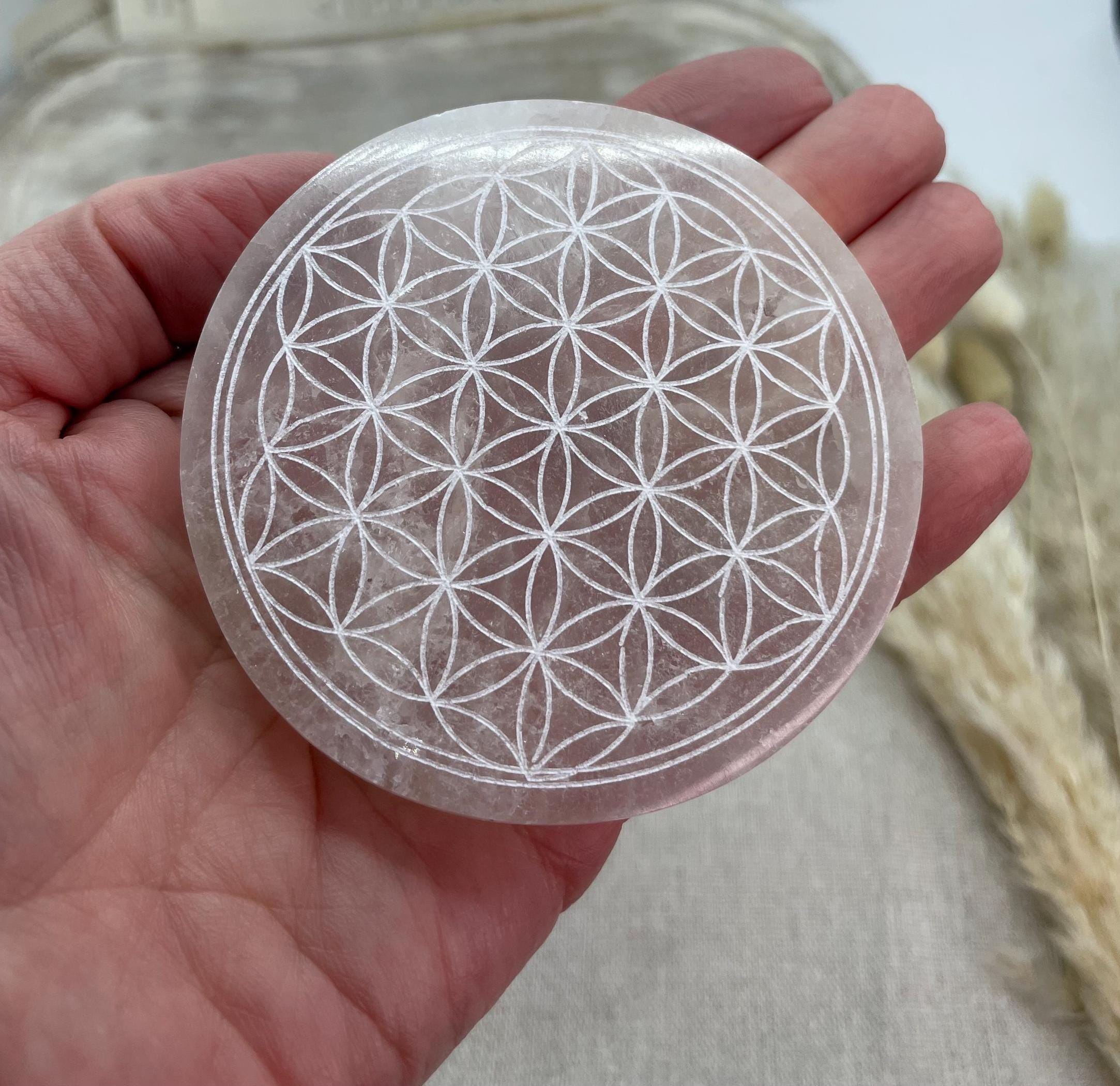 Selenite Charging Plate for crystals, Flower of Life Design Round Plate 10 inch
