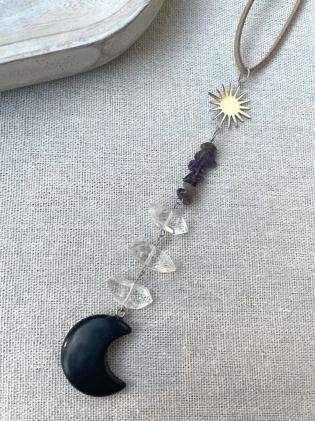 Black Obsidian Crescent Moon Suncatcher Crystal Decor for Grounding, Clarity & Calm | Car Charm or Window Hanger Mindful Gift