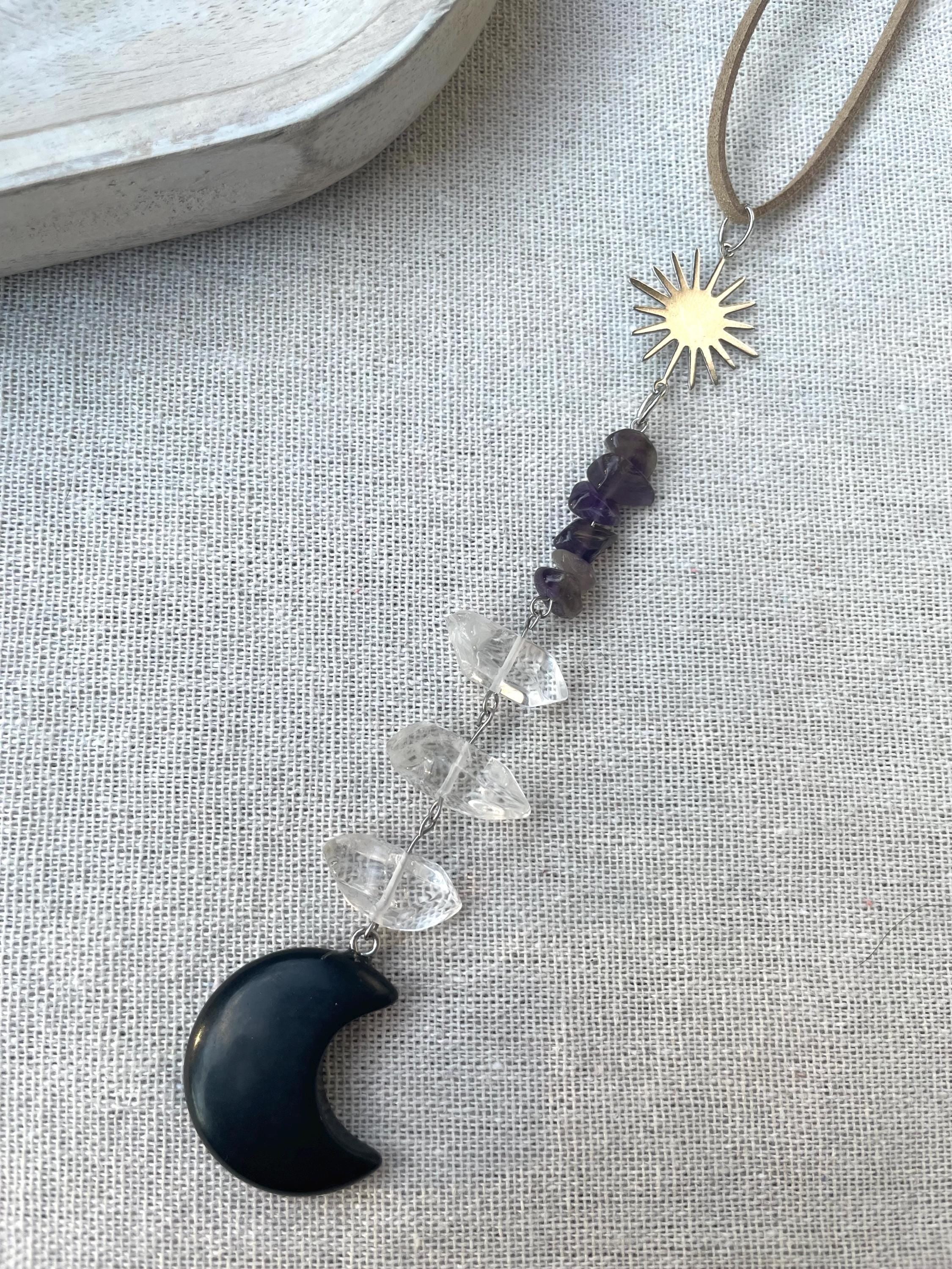 Black Obsidian Crescent Moon Suncatcher Crystal Decor for Grounding, Clarity & Calm | Car Charm or Window Hanger Mindful Gift
