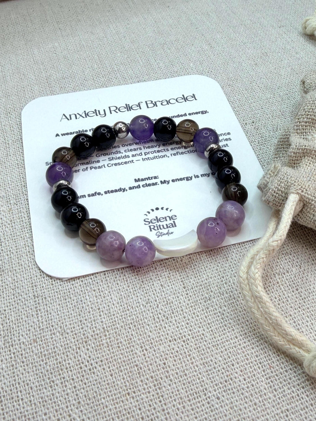 Anxiety Relief Bracelet for Women Tourmaline Smoky Quartz Lepidolite Moon Bracelet | Grounding Crystal Gift for Emotional Support