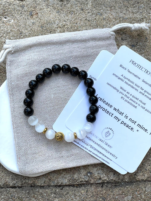 Black Tourmaline & Selenite Bracelet Crystal Bracelet Symbolism for Protection and Clarity Grounding Jewelry Gift for Anxiety