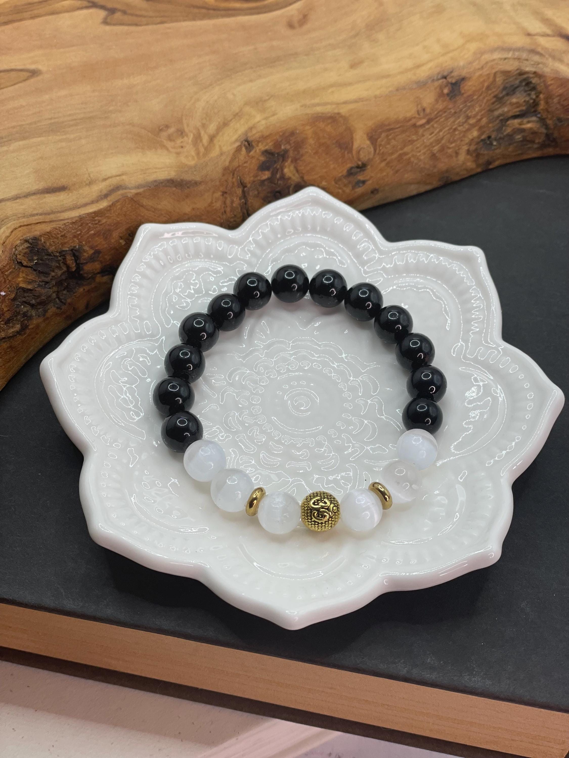 Black Tourmaline & Selenite Bracelet Crystal Bracelet Symbolism for Protection and Clarity Grounding Jewelry Gift for Anxiety