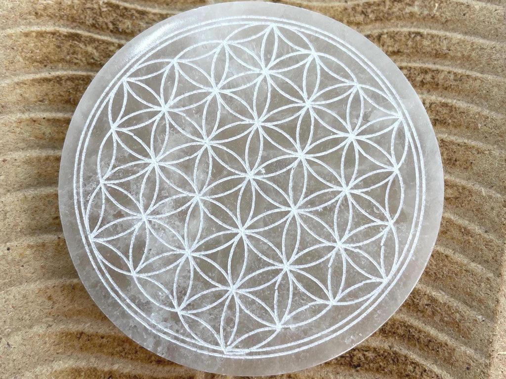 Selenite Charging Plate for crystals, Flower of Life Design Round Plate 10 inch