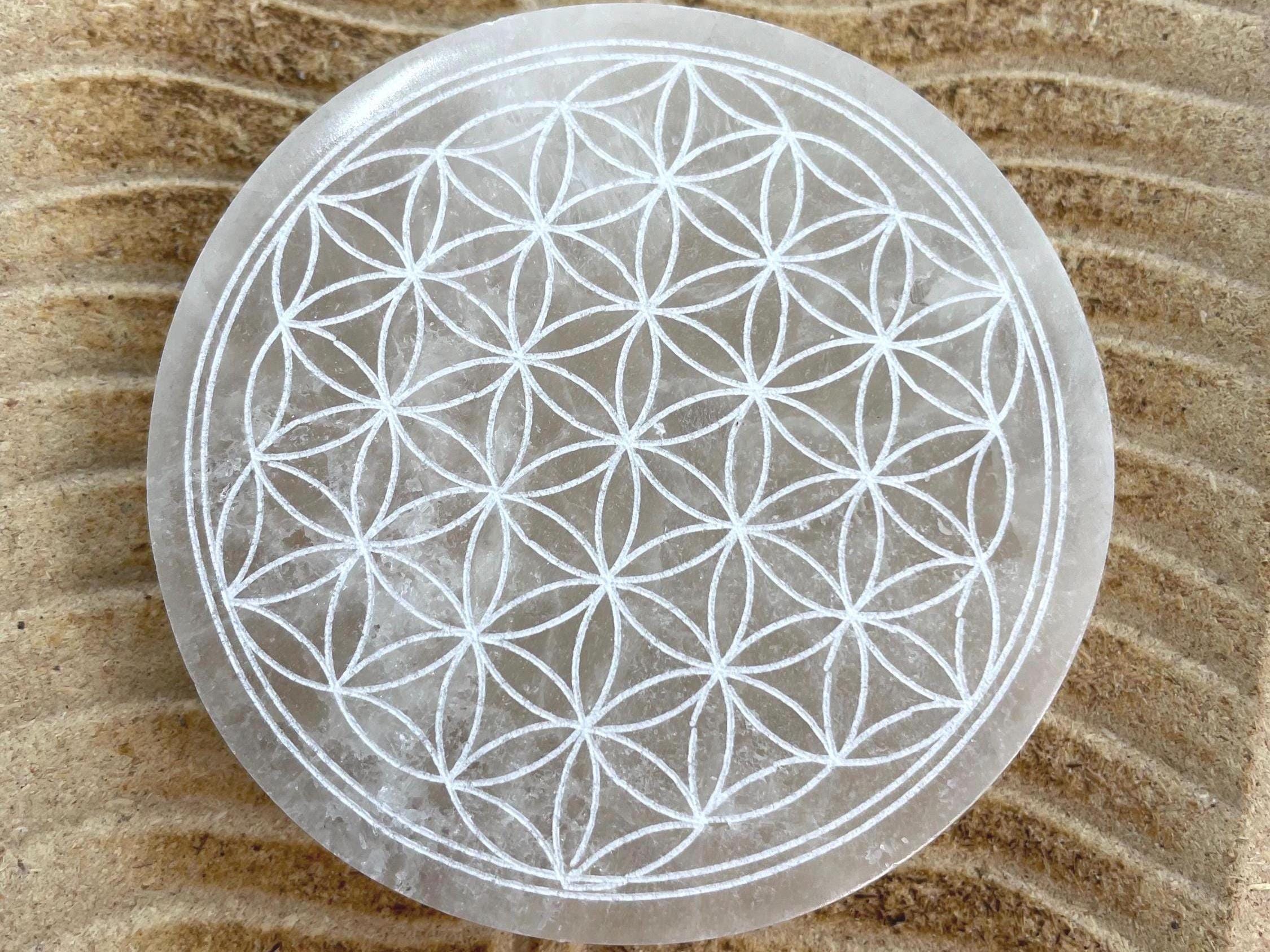 Selenite Charging Plate for crystals, Flower of Life Design Round Plate 10 inch
