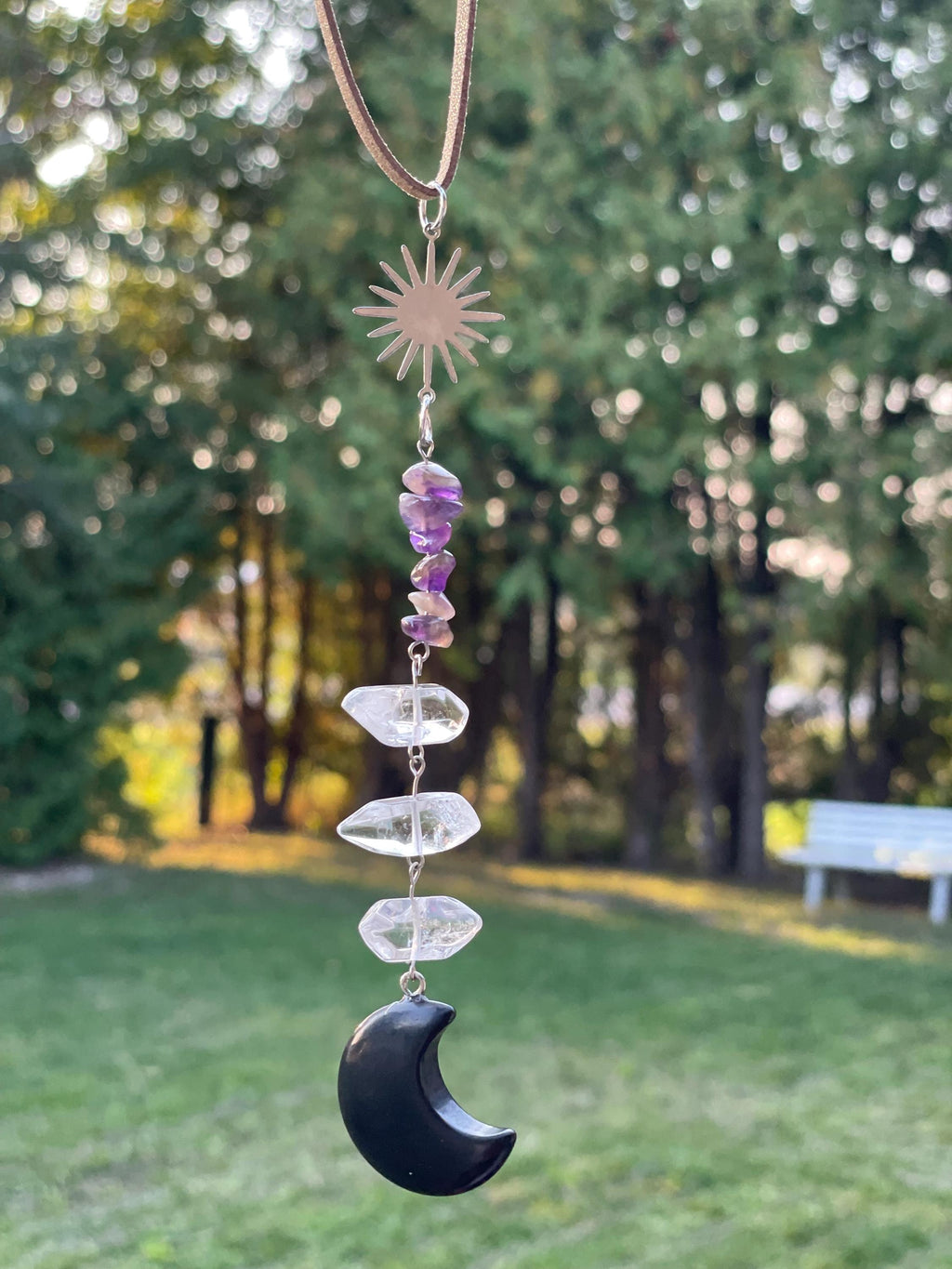 Black Obsidian Crescent Moon Suncatcher Crystal Decor for Grounding, Clarity & Calm | Car Charm or Window Hanger Mindful Gift